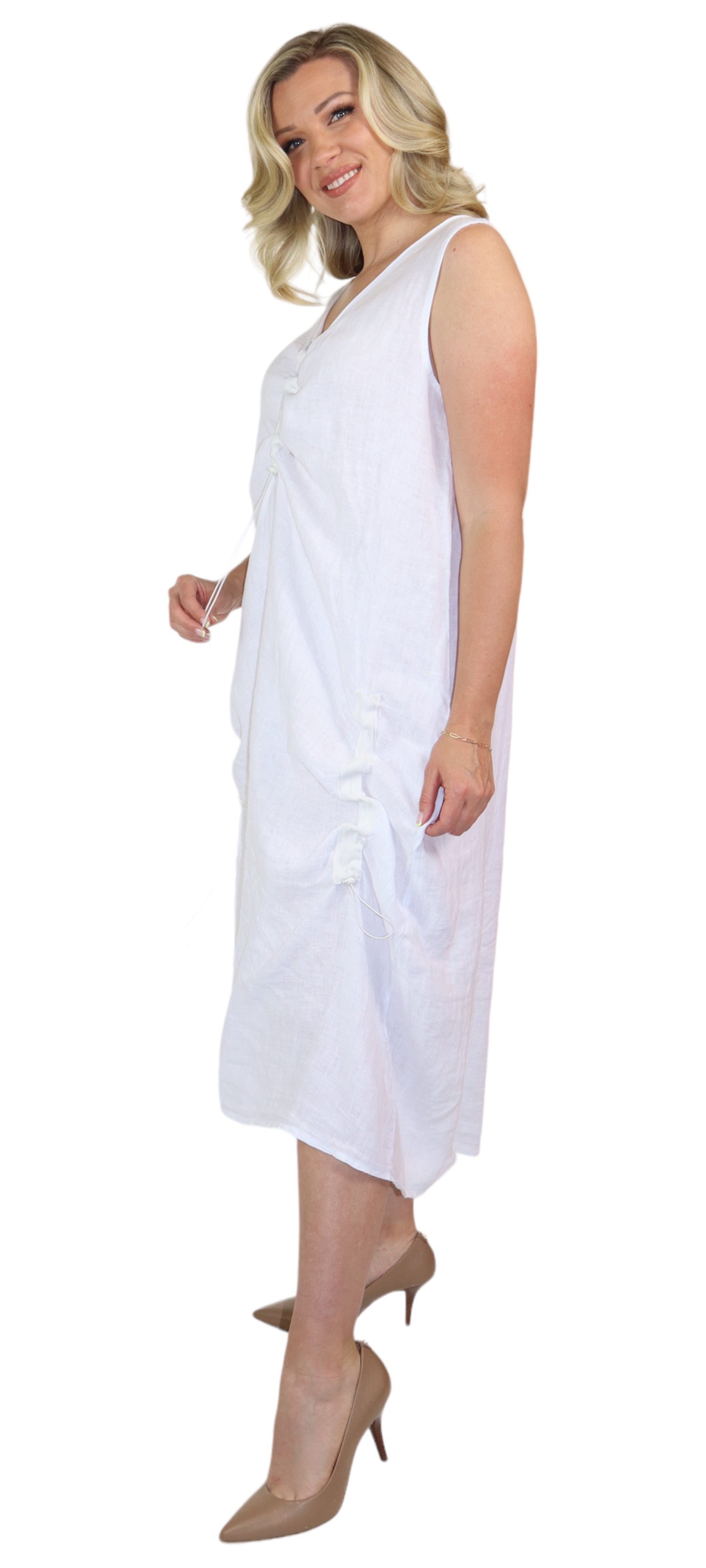 Womens All Natural Linen Ruched Dress with Adjustable Drawstring | Reg & Plus Sizes