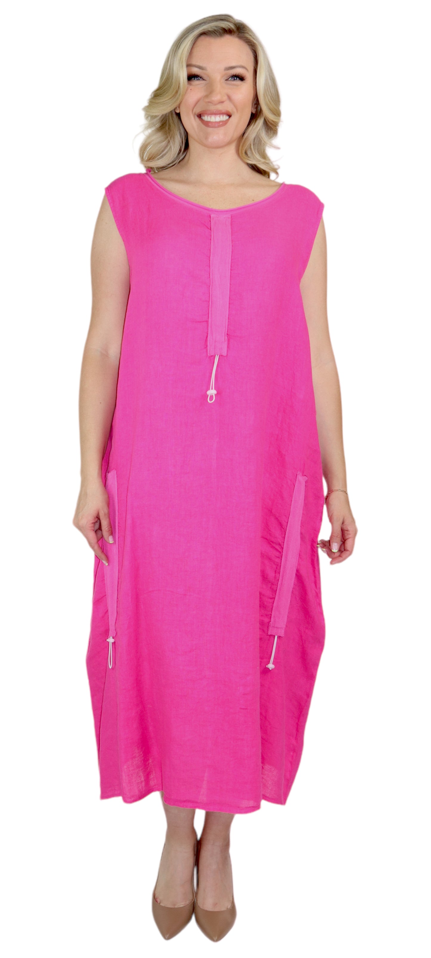 Womens All Natural Linen Ruched Dress with Adjustable Drawstring | Reg & Plus Sizes