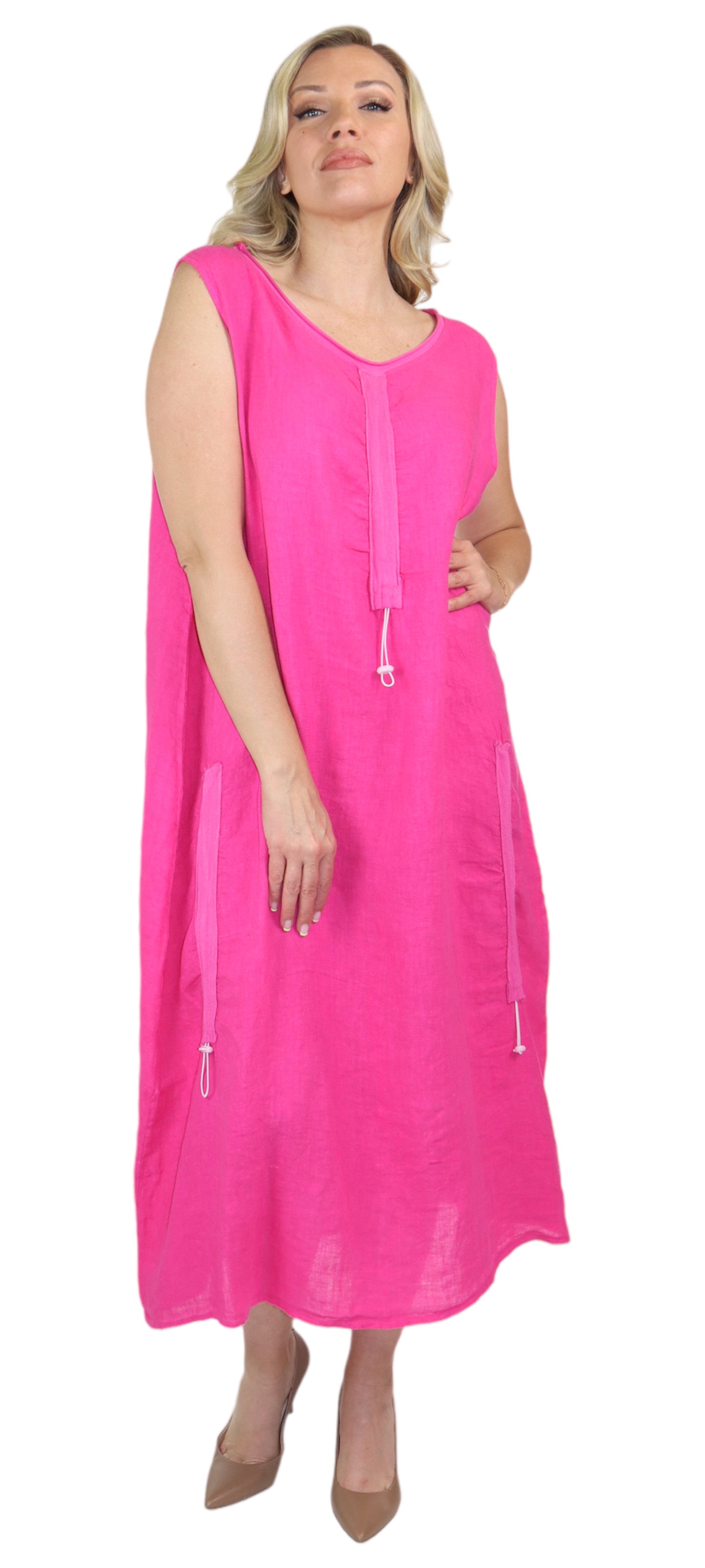 Womens All Natural Linen Ruched Dress with Adjustable Drawstring | Reg & Plus Sizes