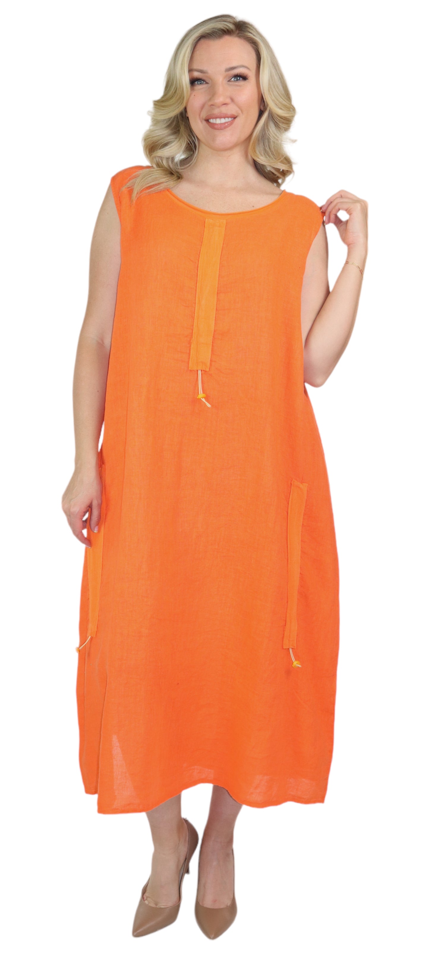 Womens All Natural Linen Ruched Dress with Adjustable Drawstring | Reg & Plus Sizes