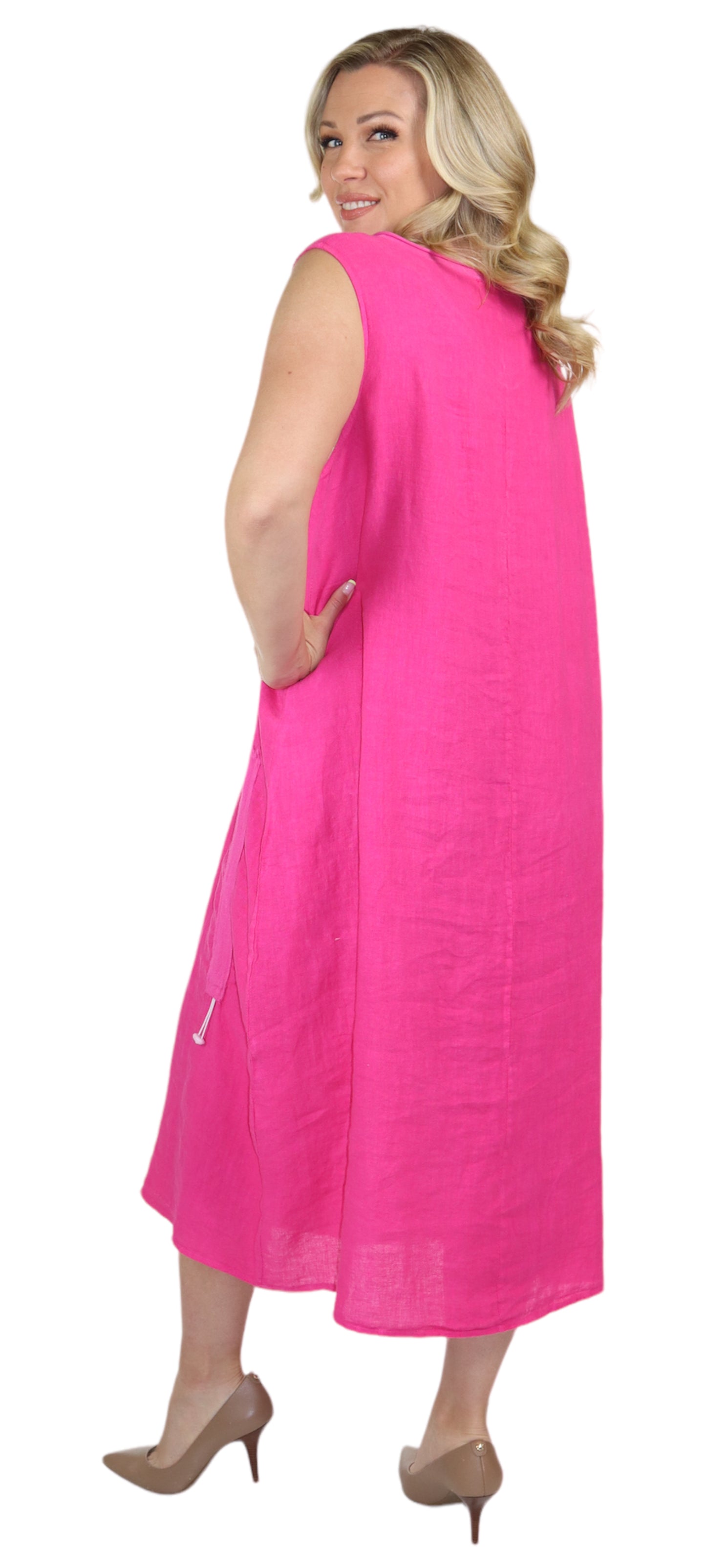 Womens All Natural Linen Ruched Dress with Adjustable Drawstring | Reg & Plus Sizes