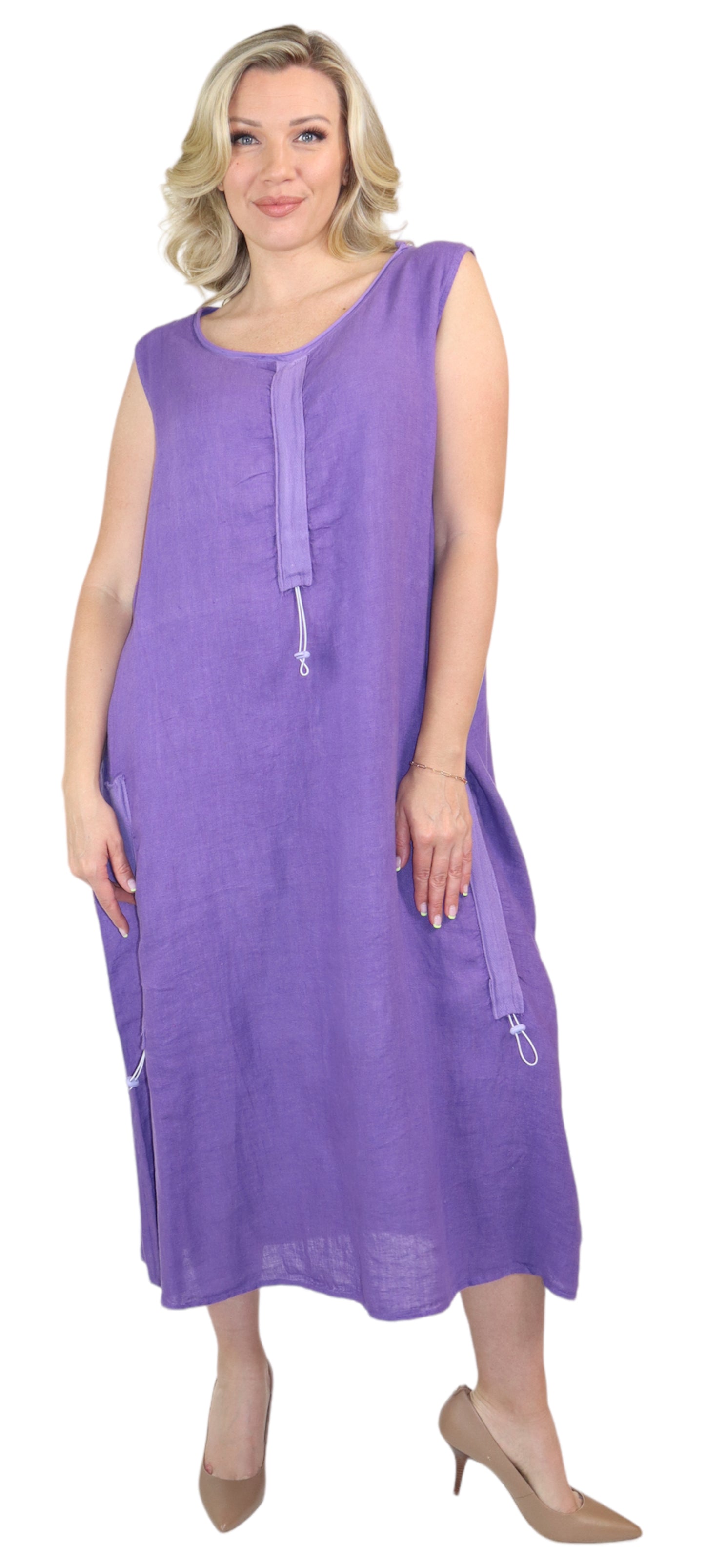 Womens All Natural Linen Ruched Dress with Adjustable Drawstring | Reg & Plus Sizes