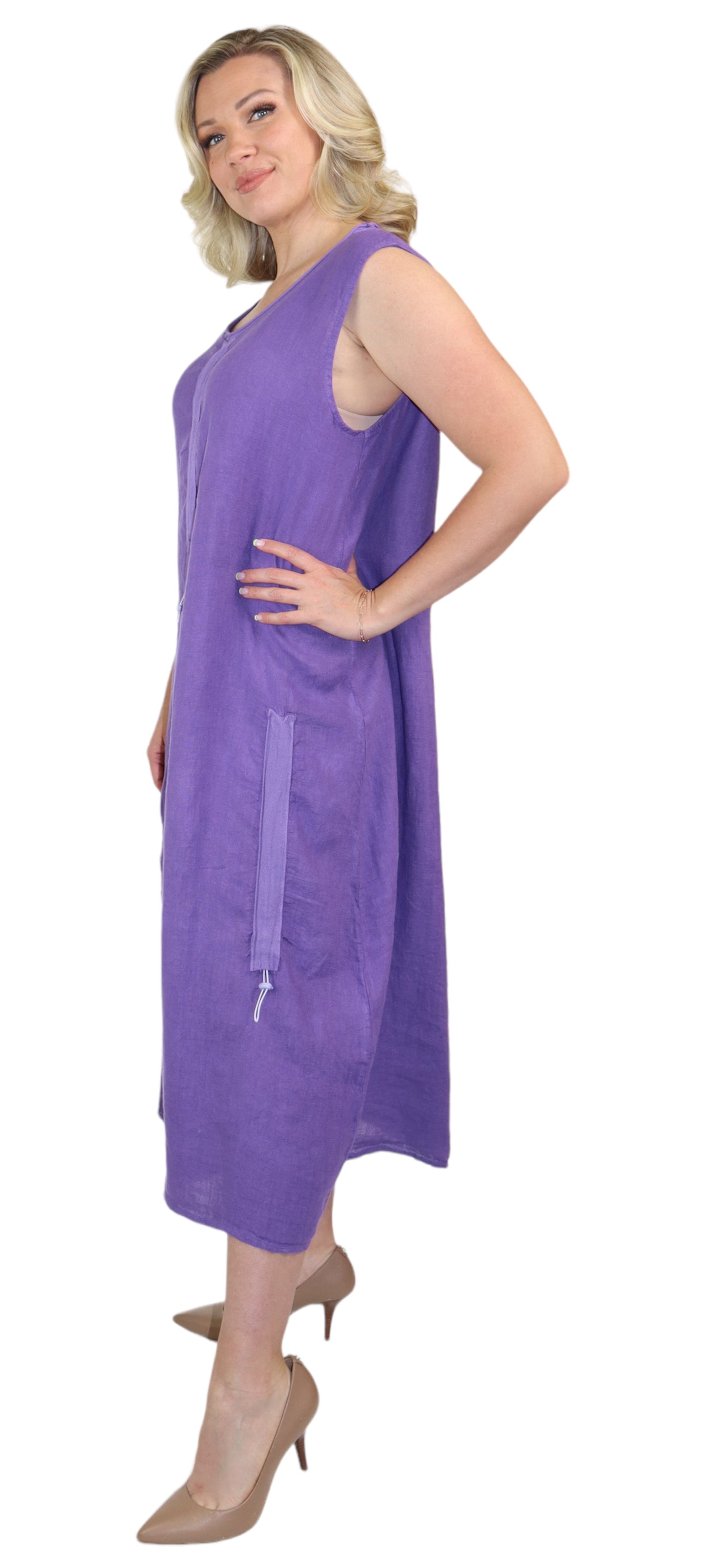 Womens All Natural Linen Ruched Dress with Adjustable Drawstring | Reg & Plus Sizes