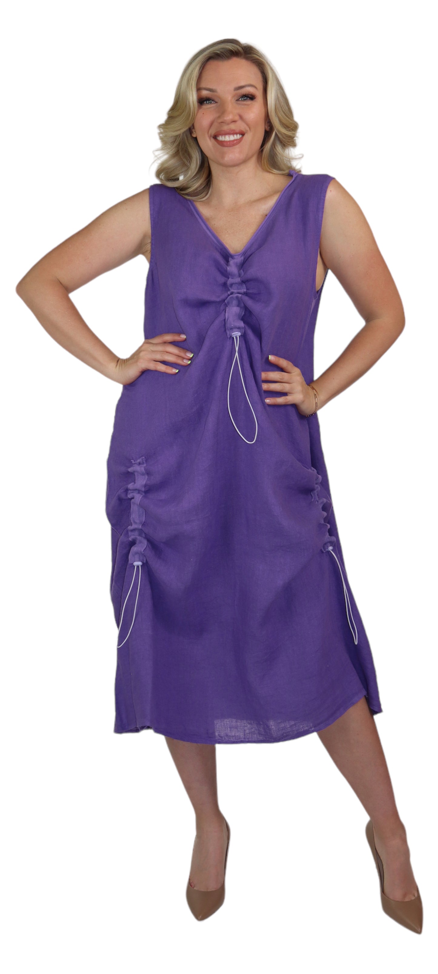 Womens All Natural Linen Ruched Dress with Adjustable Drawstring | Reg & Plus Sizes