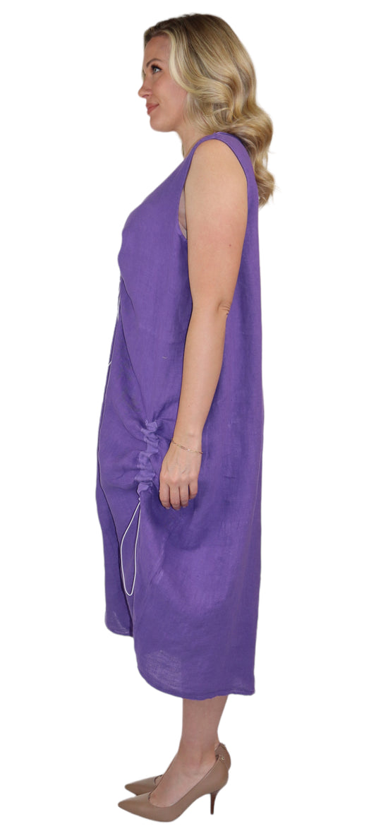 Womens All Natural Linen Ruched Dress with Adjustable Drawstring | Reg & Plus Sizes