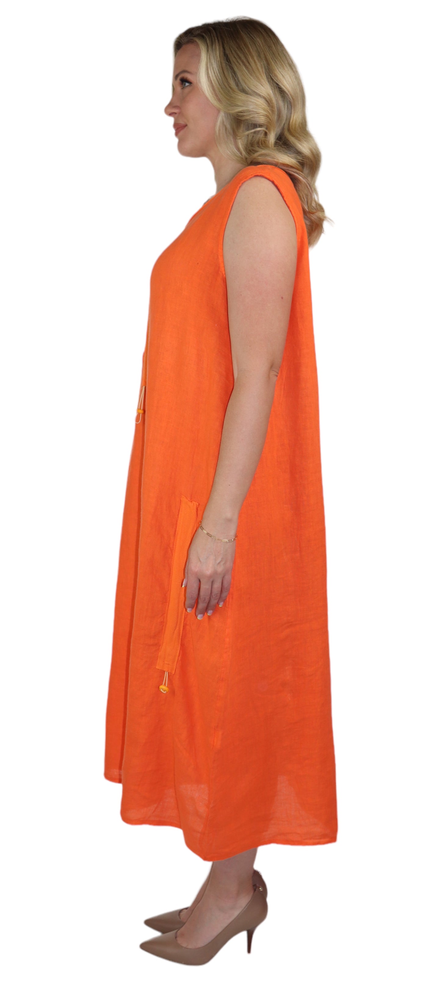 Womens All Natural Linen Ruched Dress with Adjustable Drawstring | Reg & Plus Sizes