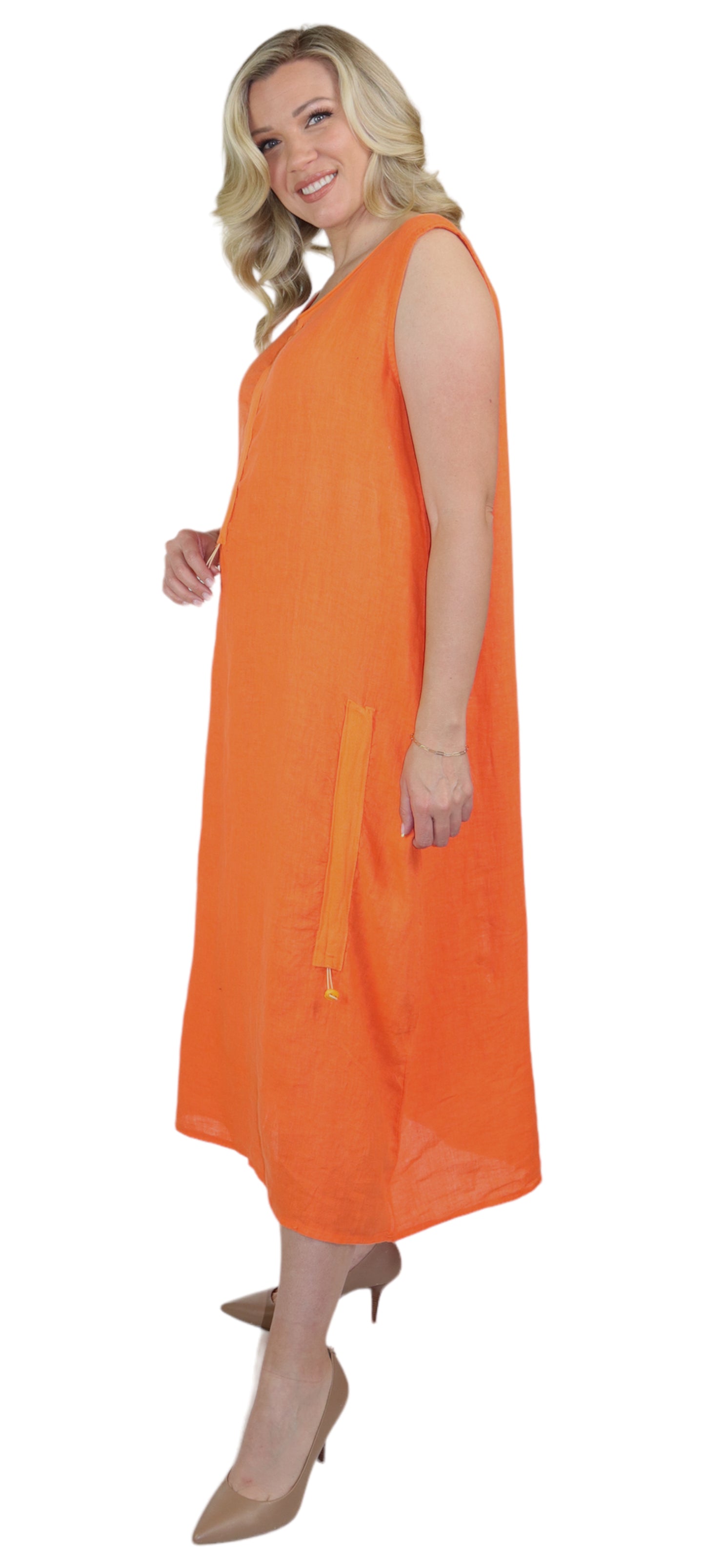 Womens All Natural Linen Ruched Dress with Adjustable Drawstring | Reg & Plus Sizes