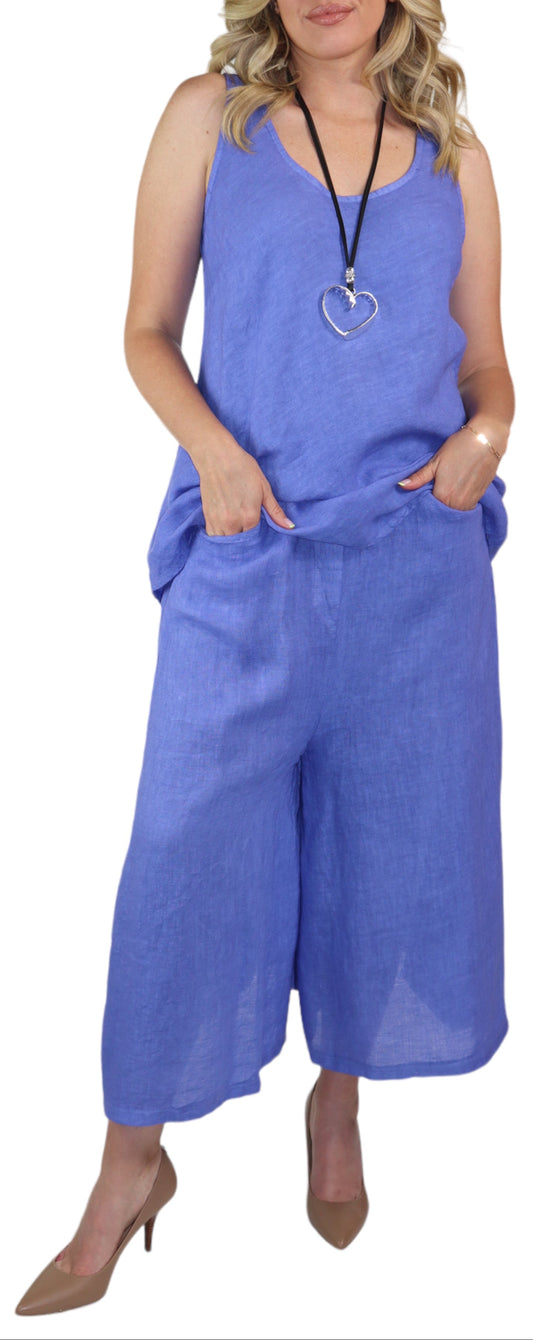 2 Piece Linen Culotte Pant Set, Linen Wide Leg Crop Pant Set, Linen Women Culotte Pants Set