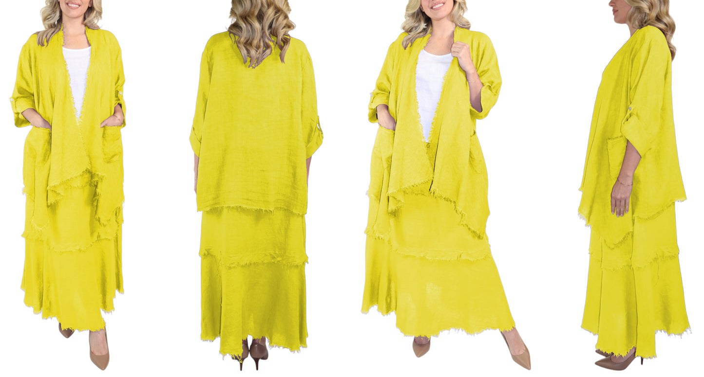 Womens 100% Linen 2 Piece Duster Jacket + Tiered Ruffled Skirt Set, Relaxed Comfy Fit | One Size (Fits S-2X)