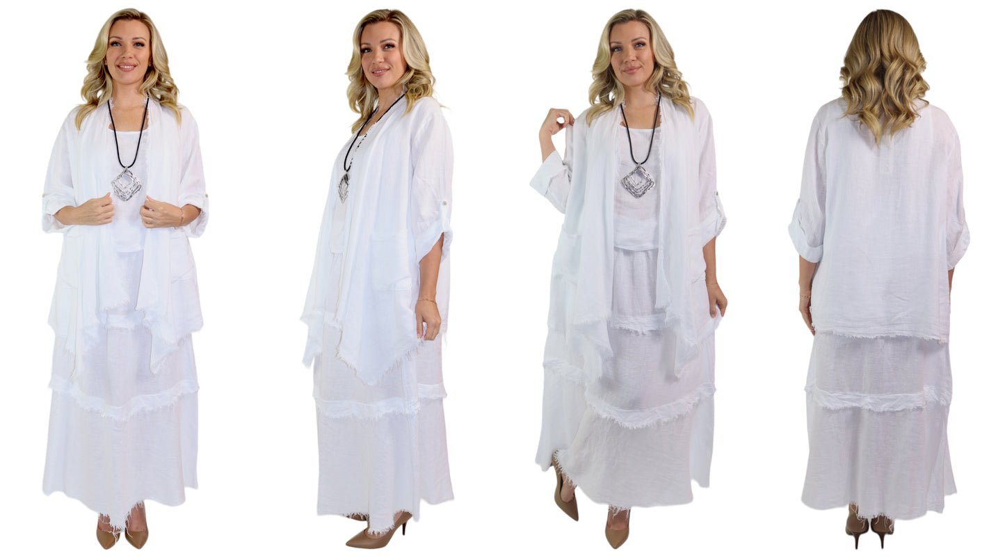 Womens 100% Linen 2 Piece Duster Jacket + Tiered Ruffled Skirt Set, Relaxed Comfy Fit | One Size (Fits S-2X)