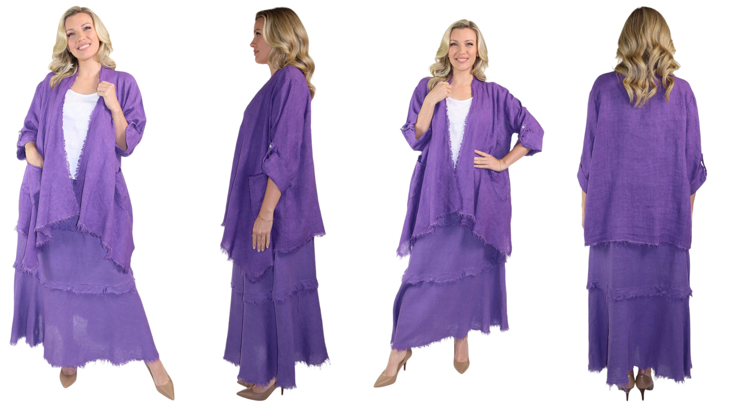 Womens 100% Linen 2 Piece Duster Jacket + Tiered Ruffled Skirt Set, Relaxed Comfy Fit | One Size (Fits S-2X)