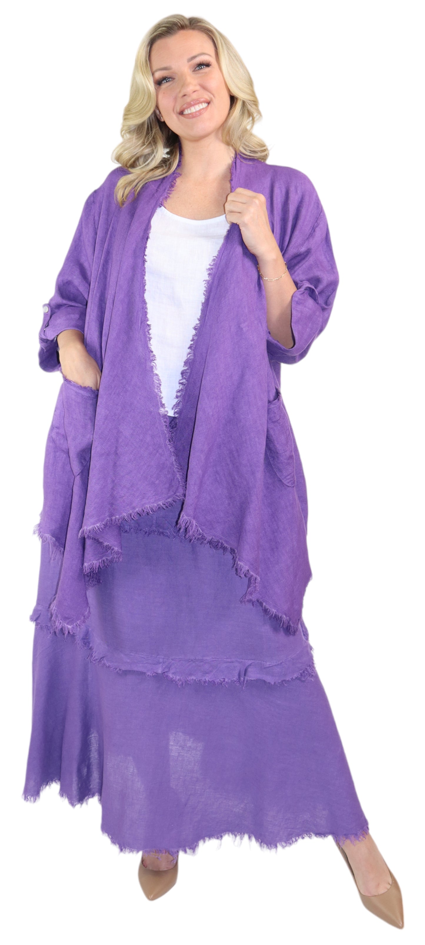 Womens 100% Linen 2 Piece Duster Jacket + Tiered Ruffled Skirt Set, Relaxed Comfy Fit | One Size (Fits S-2X)