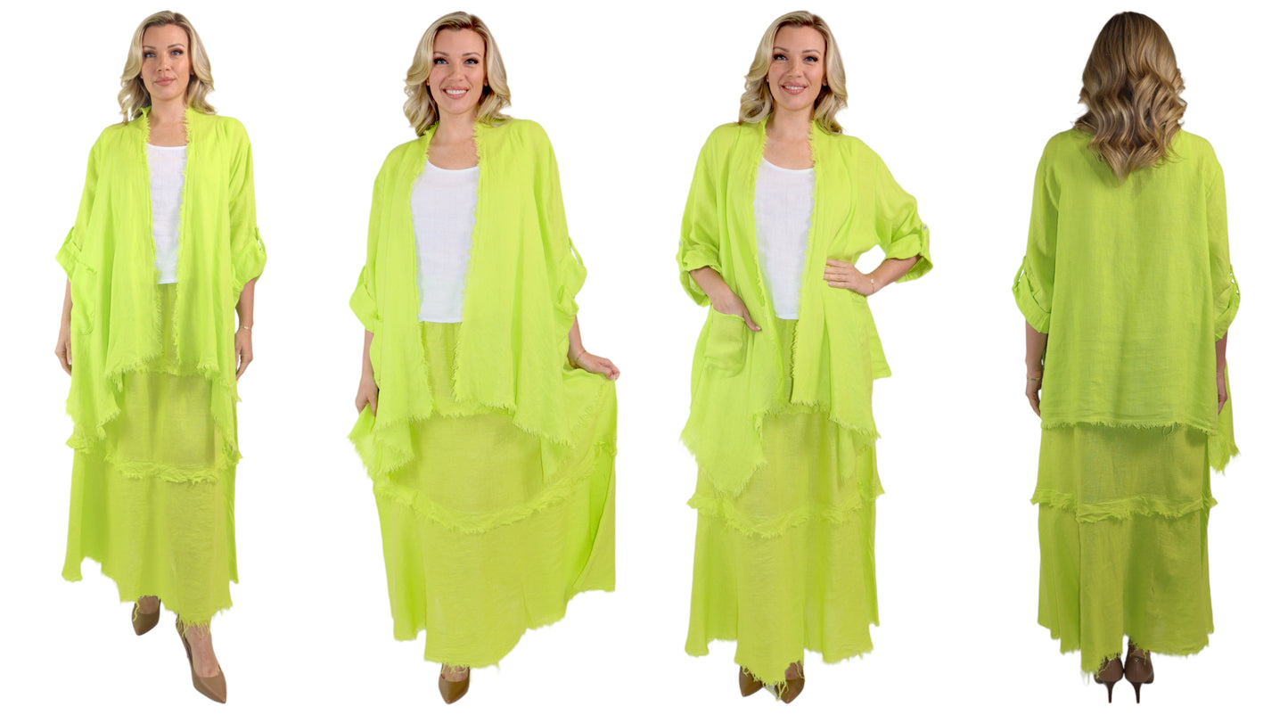 Womens 100% Linen 2 Piece Duster Jacket + Tiered Ruffled Skirt Set, Relaxed Comfy Fit | One Size (Fits S-2X)