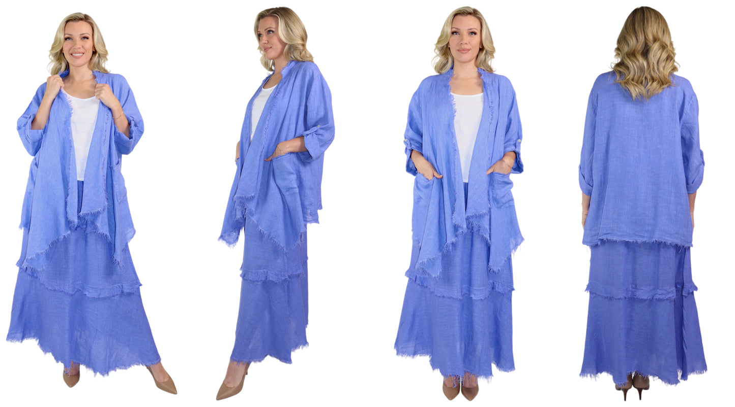 Womens 100% Linen 2 Piece Duster Jacket + Tiered Ruffled Skirt Set, Relaxed Comfy Fit | One Size (Fits S-2X)