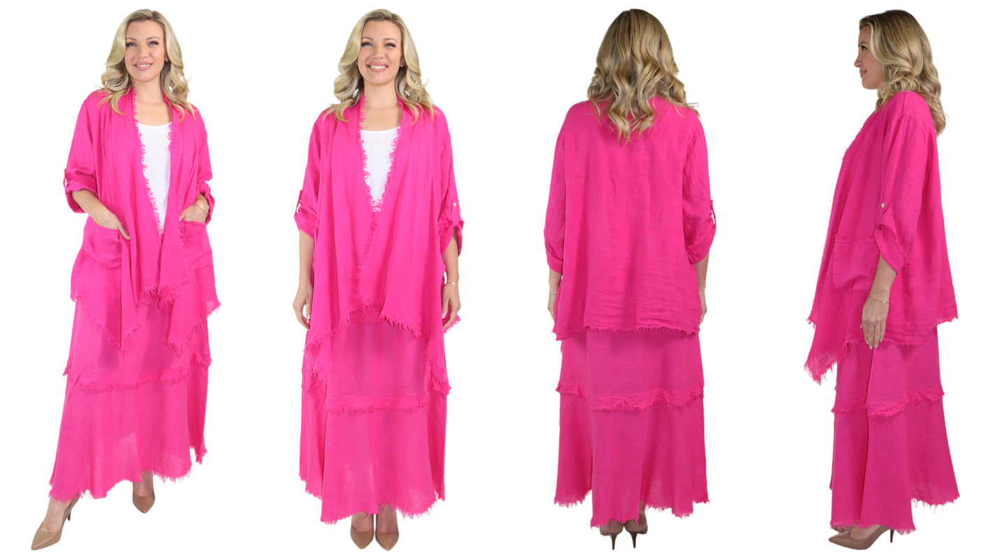 Womens 100% Linen 2 Piece Duster Jacket + Tiered Ruffled Skirt Set, Relaxed Comfy Fit | One Size (Fits S-2X)