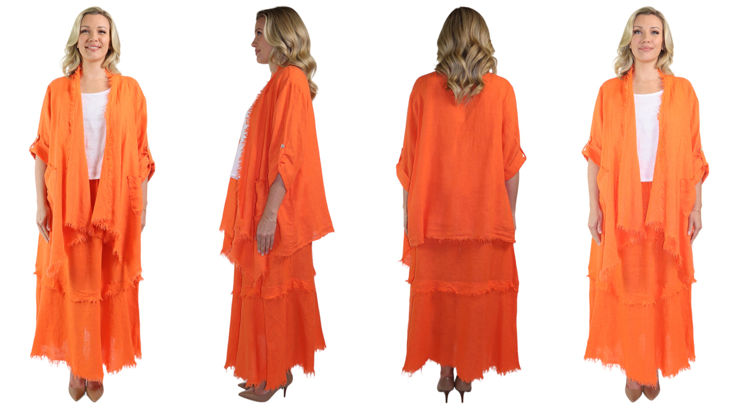 Womens 100% Linen 2 Piece Duster Jacket + Tiered Ruffled Skirt Set, Relaxed Comfy Fit | One Size (Fits S-2X)