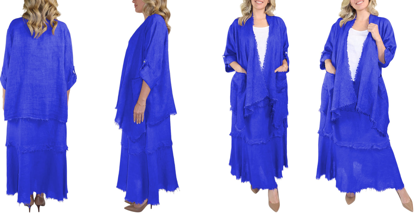 Womens 100% Linen 2 Piece Duster Jacket + Tiered Ruffled Skirt Set, Relaxed Comfy Fit | One Size (Fits S-2X)