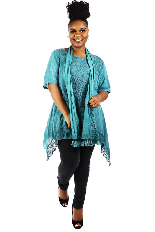 Women Plus Size Asymmetrical Tunic, Lace Tunic Blouse Top Set with Scarf, 3 pc tunic set, Plus size tunic set, L, XL, 1XL