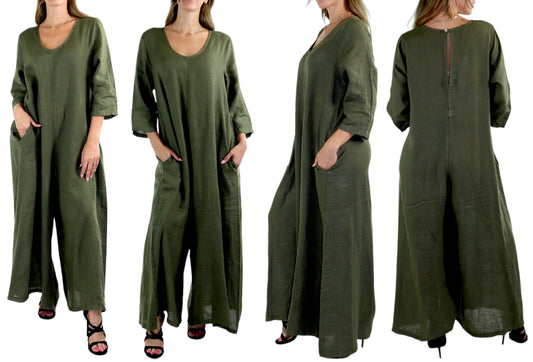 Women's Boho Linen Romper Overall Jumpsuit + Pants Set | One Size Fits All (S-XL)