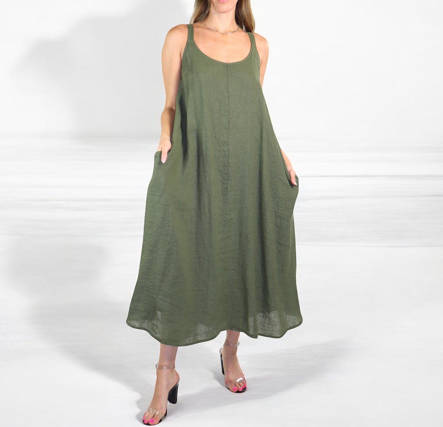 Womens 100% Linen Spaghetti Strap Maxi Dress | One Size Fits All (S-XL)