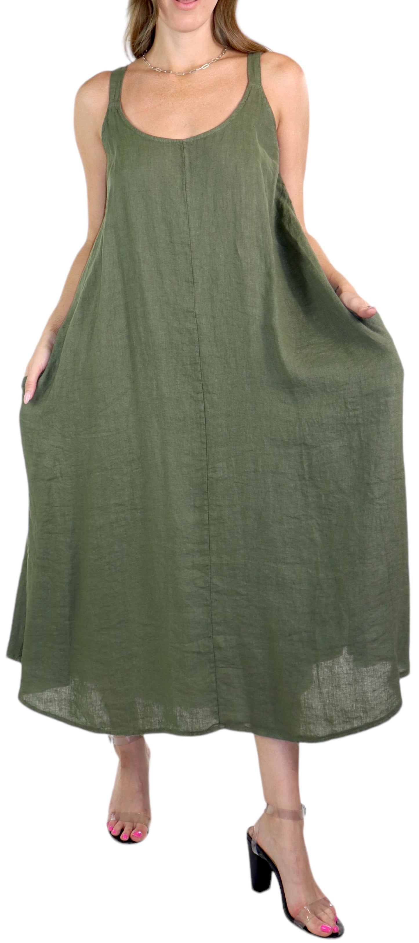 Womens 100% Linen Spaghetti Strap Maxi Dress | One Size Fits All (S-XL)