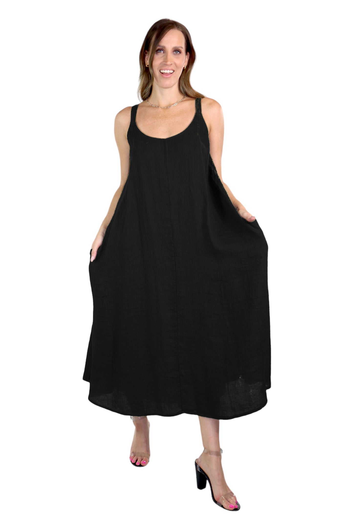 Womens 100% Linen Spaghetti Strap Maxi Dress | One Size Fits All (S-XL)