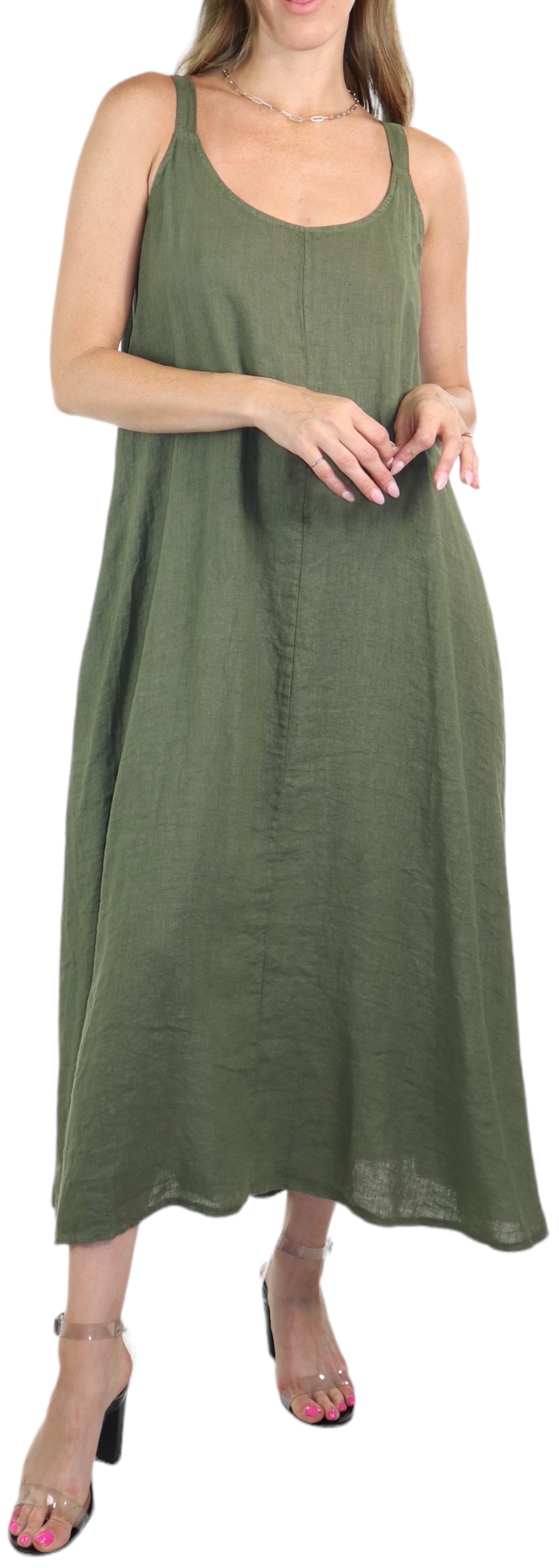 Womens 100% Linen Spaghetti Strap Maxi Dress | One Size Fits All (S-XL)