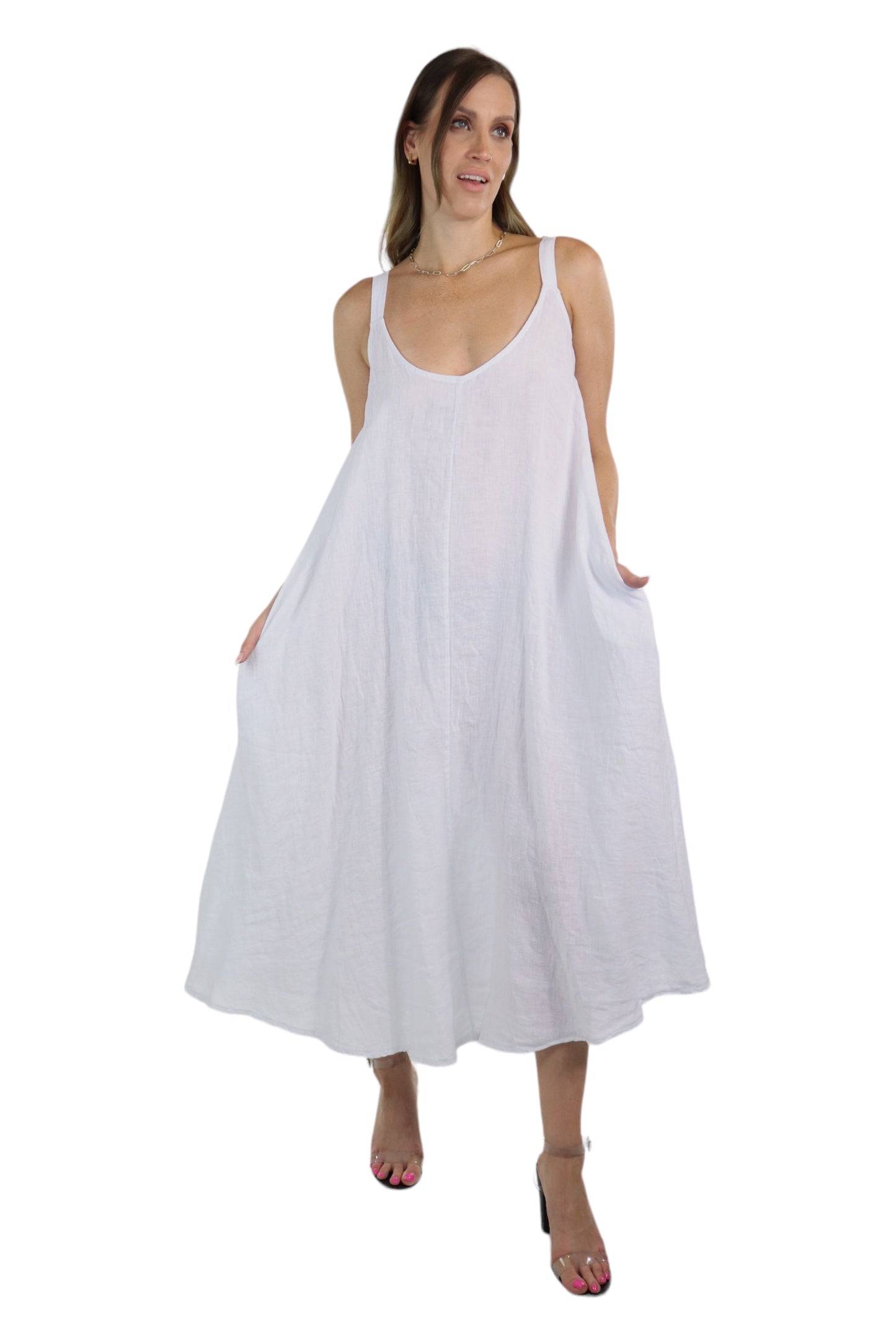 Womens 100% Linen Spaghetti Strap Maxi Dress | One Size Fits All (S-XL)