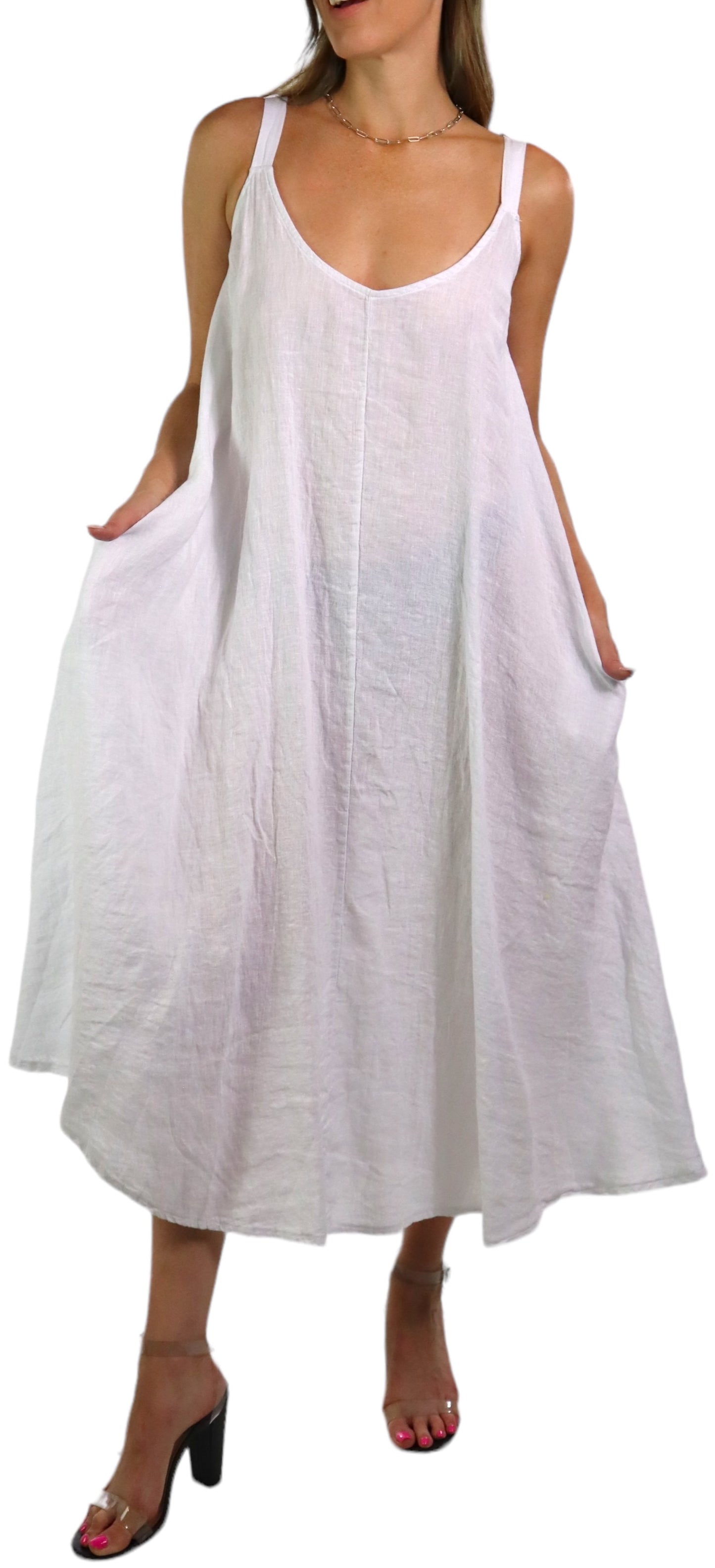 Womens 100% Linen Spaghetti Strap Maxi Dress | One Size Fits All (S-XL)