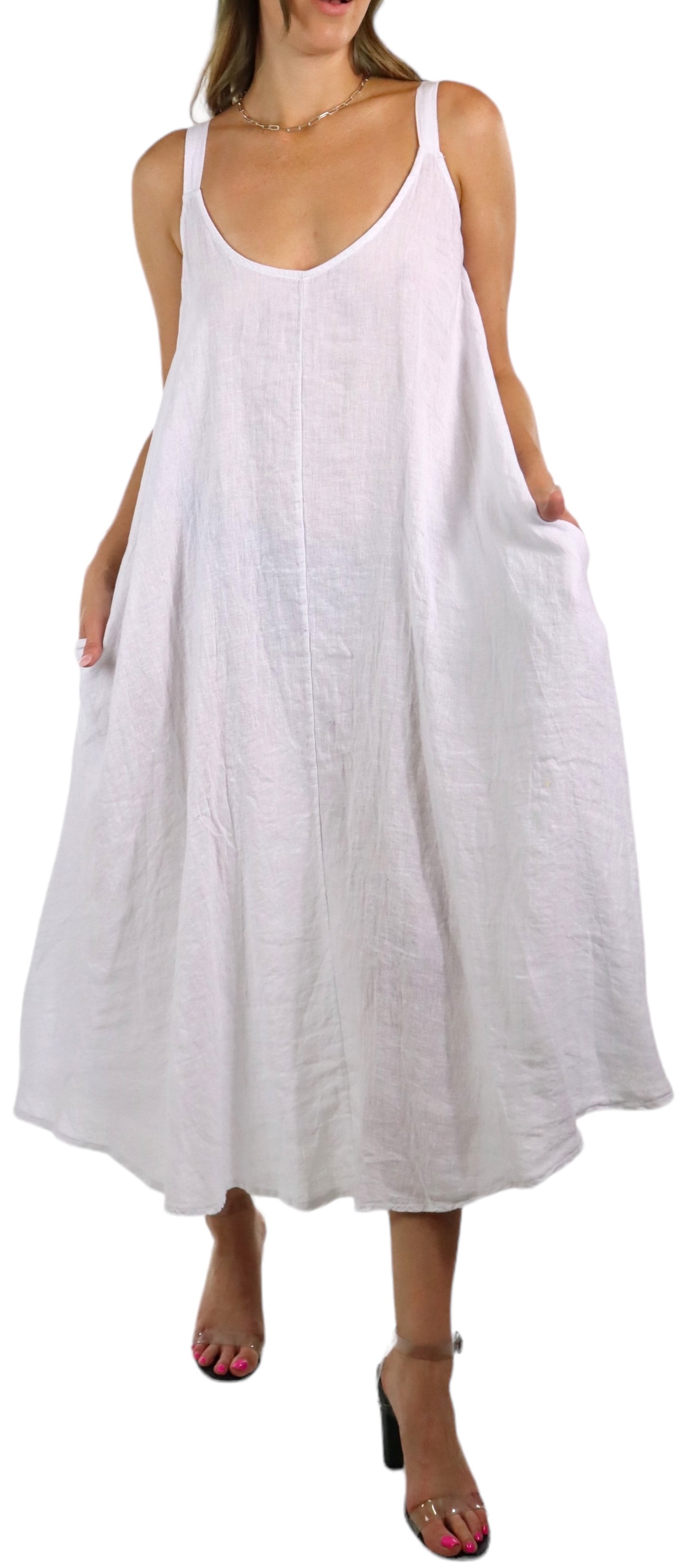 Womens 100% Linen Spaghetti Strap Maxi Dress | One Size Fits All (S-XL)