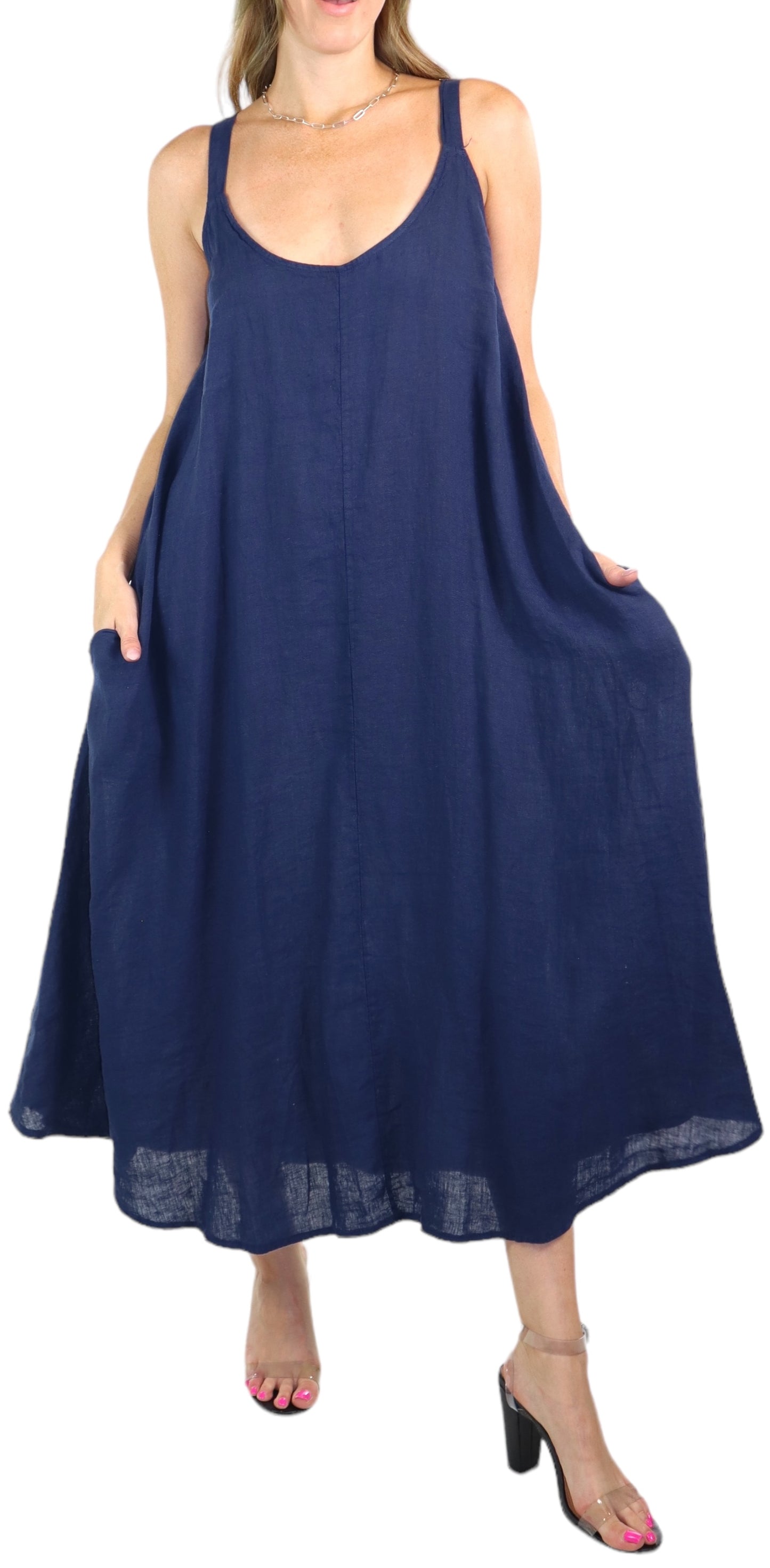 Womens 100% Linen Spaghetti Strap Maxi Dress | One Size Fits All (S-XL)