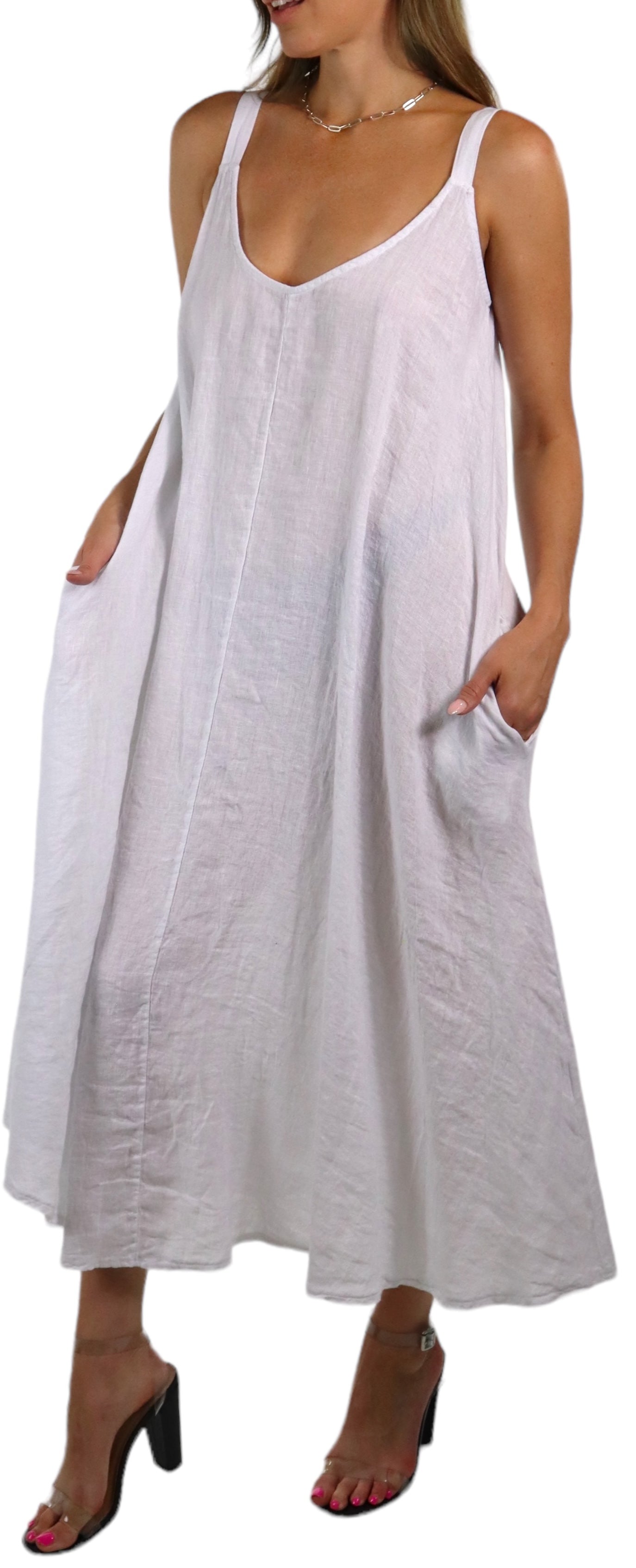 Womens 100% Linen Spaghetti Strap Maxi Dress | One Size Fits All (S-XL)