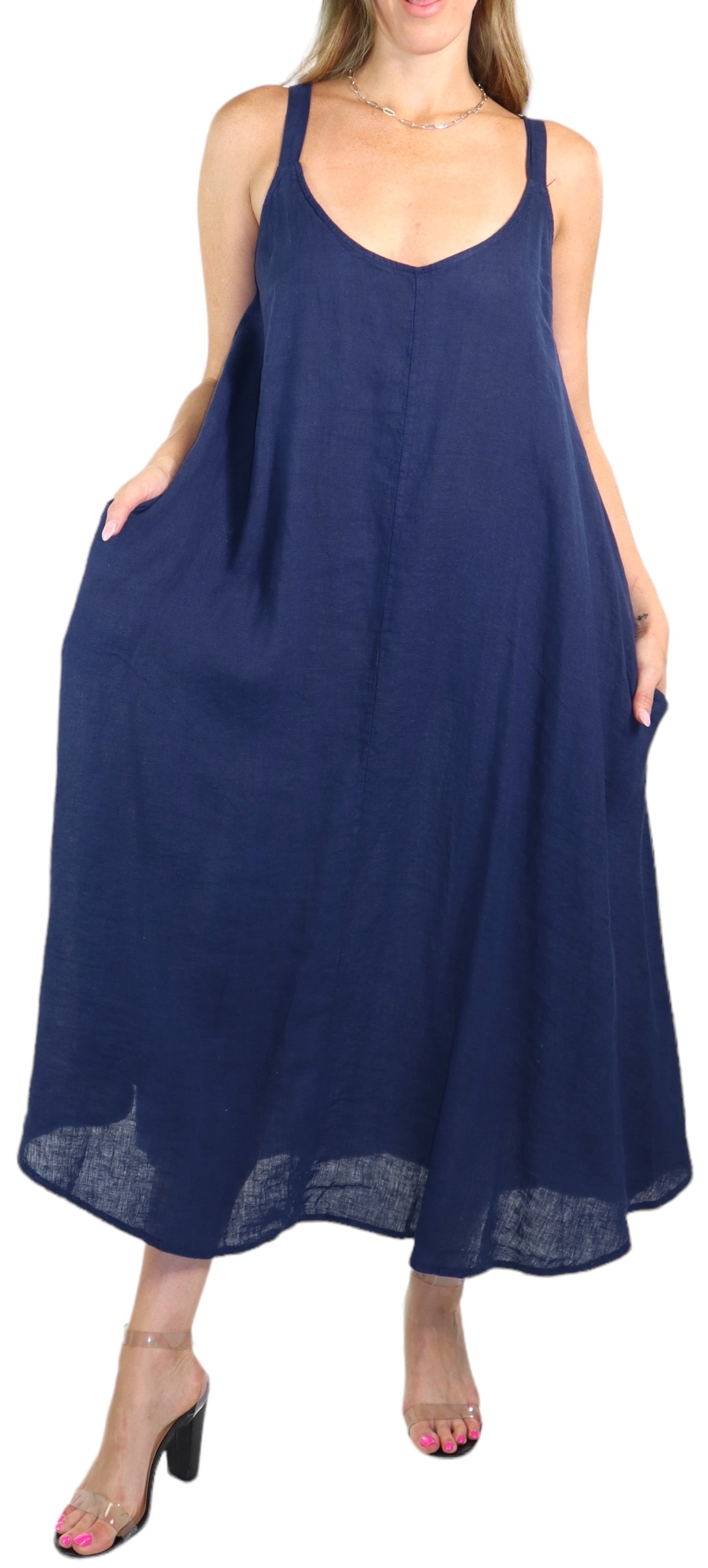 Womens 100% Linen Spaghetti Strap Maxi Dress | One Size Fits All (S-XL)