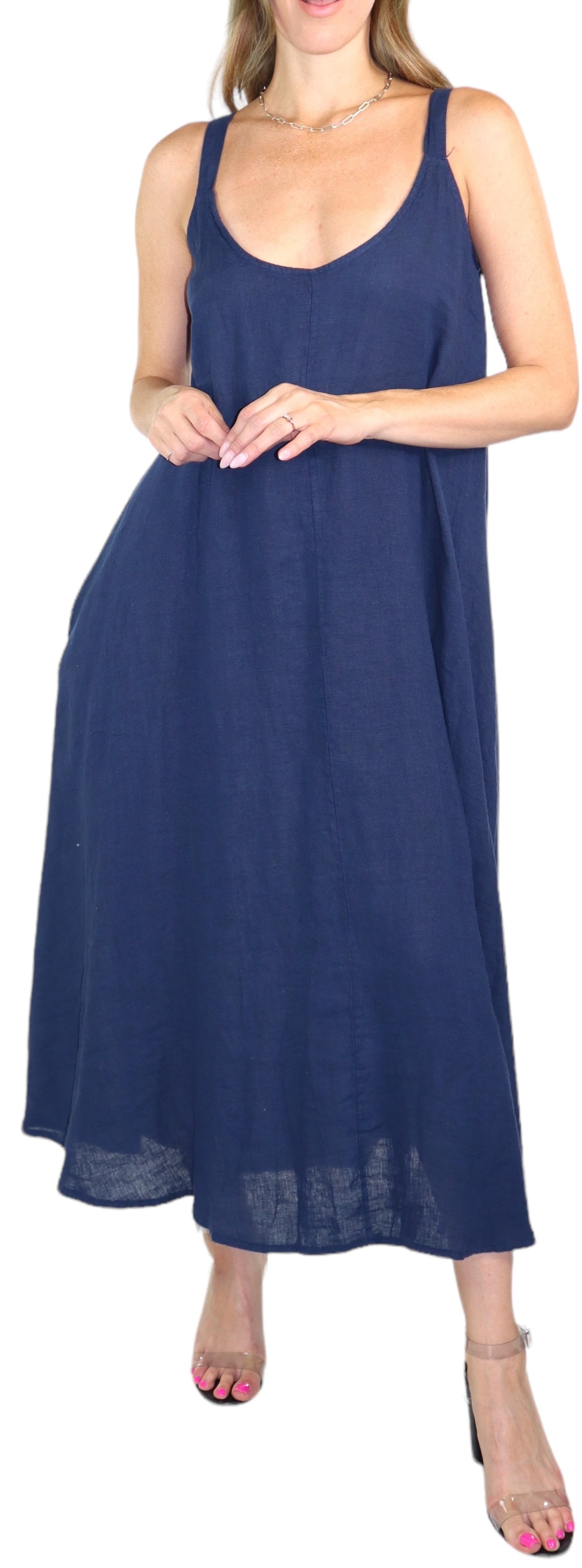 Womens 100% Linen Spaghetti Strap Maxi Dress | One Size Fits All (S-XL)