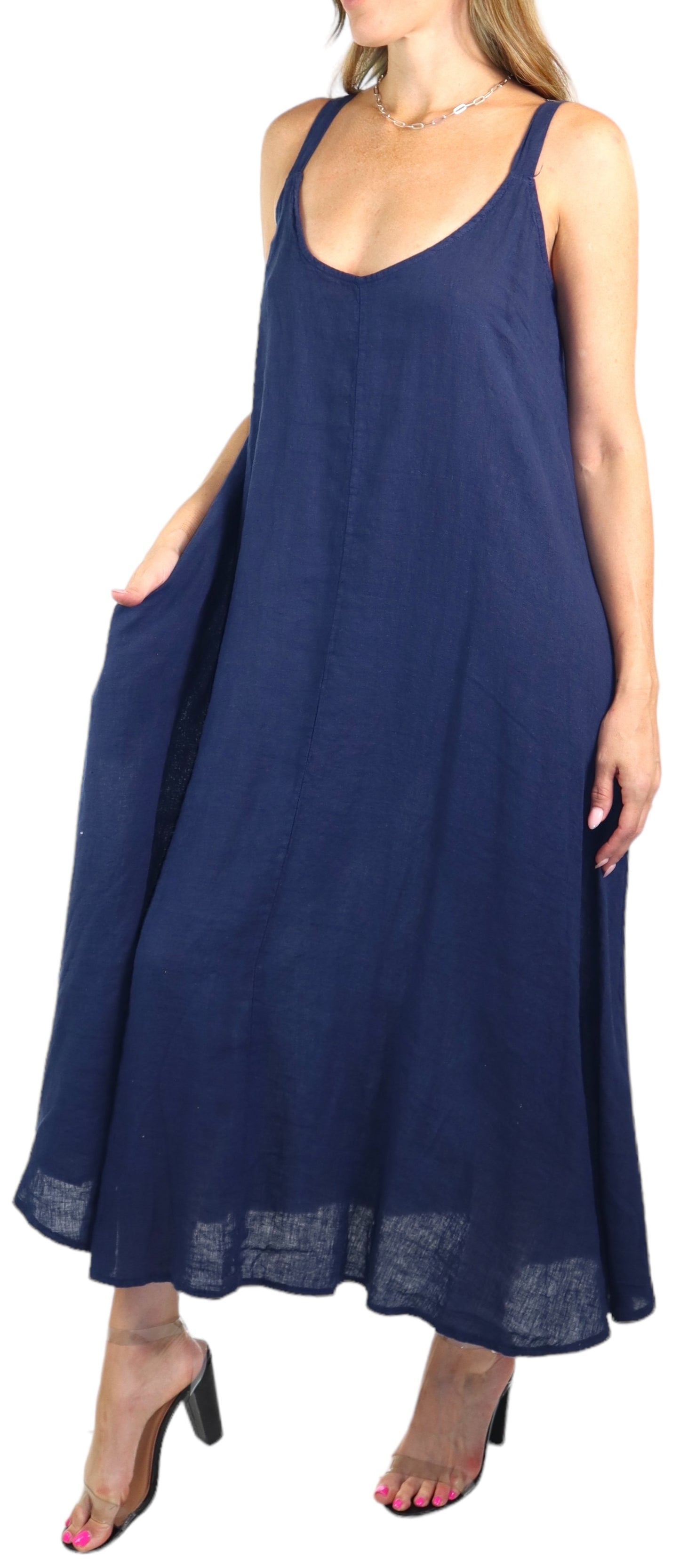 Womens 100% Linen Spaghetti Strap Maxi Dress | One Size Fits All (S-XL)