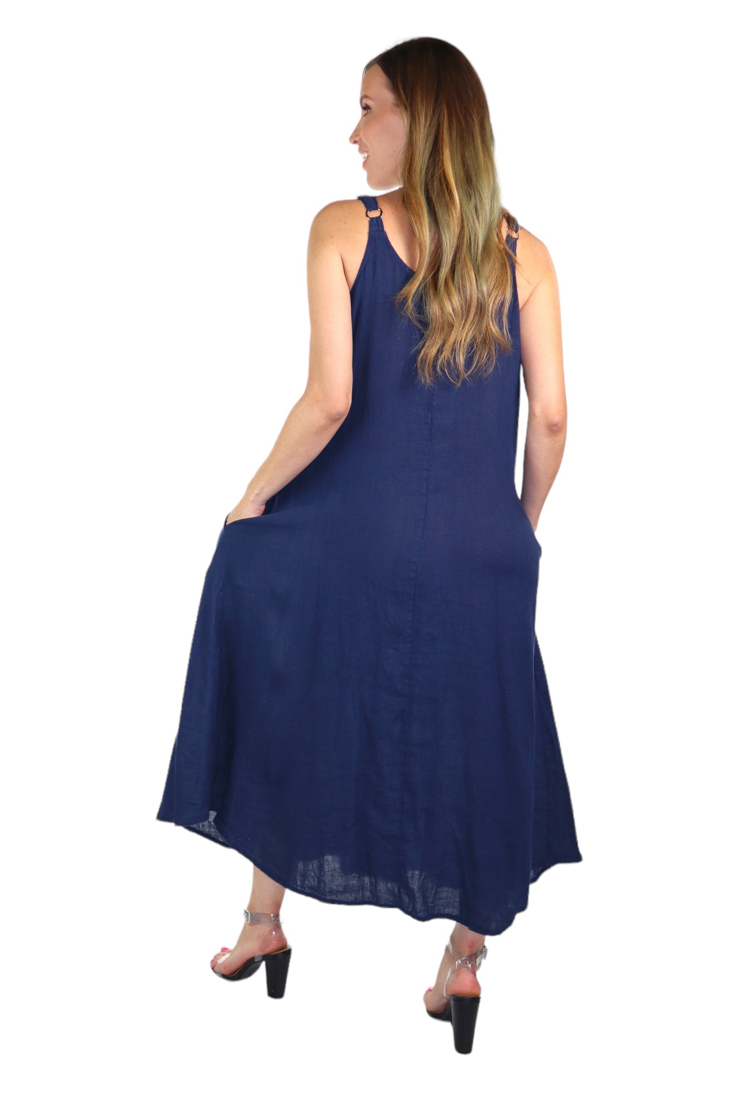 Womens 100% Linen Spaghetti Strap Maxi Dress | One Size Fits All (S-XL)