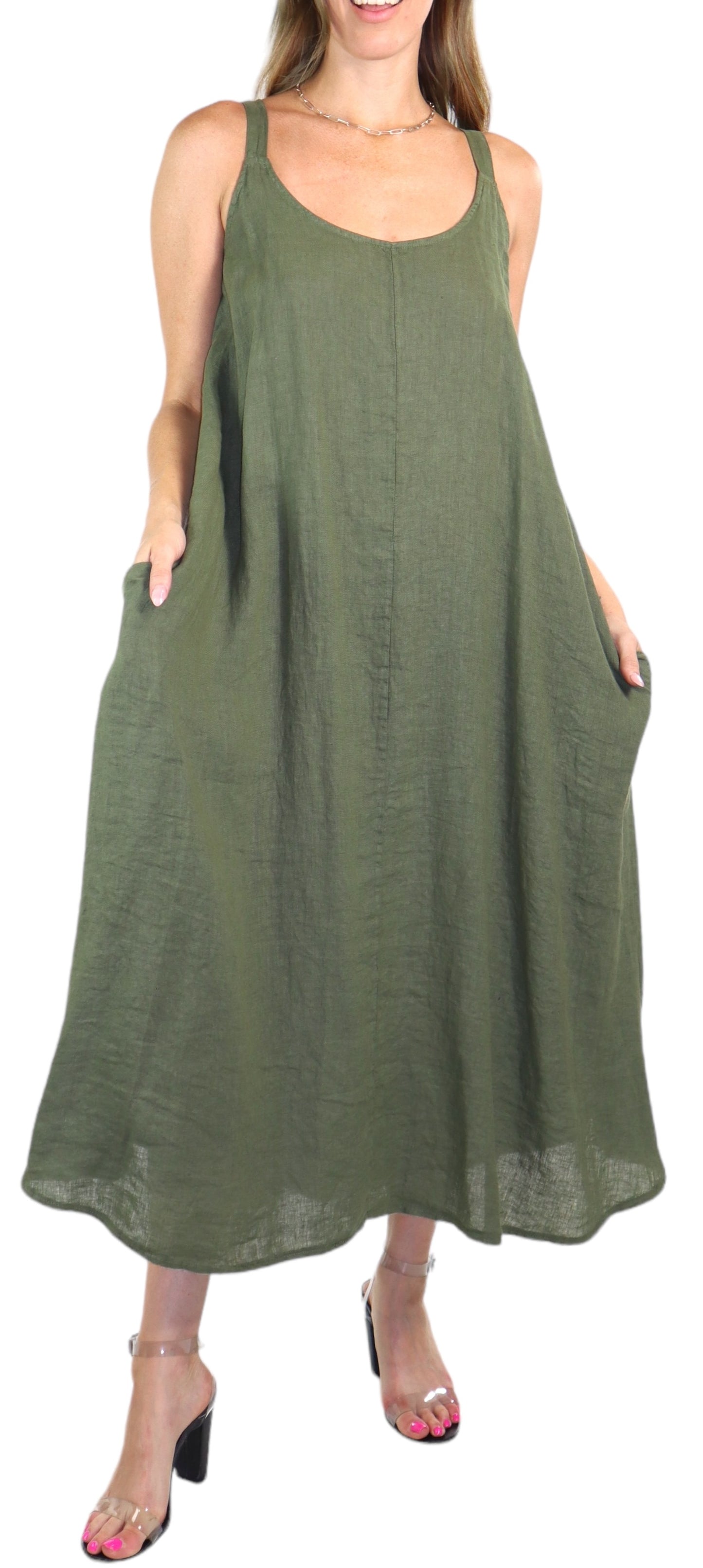 Womens 100% Linen Spaghetti Strap Maxi Dress | One Size Fits All (S-XL)