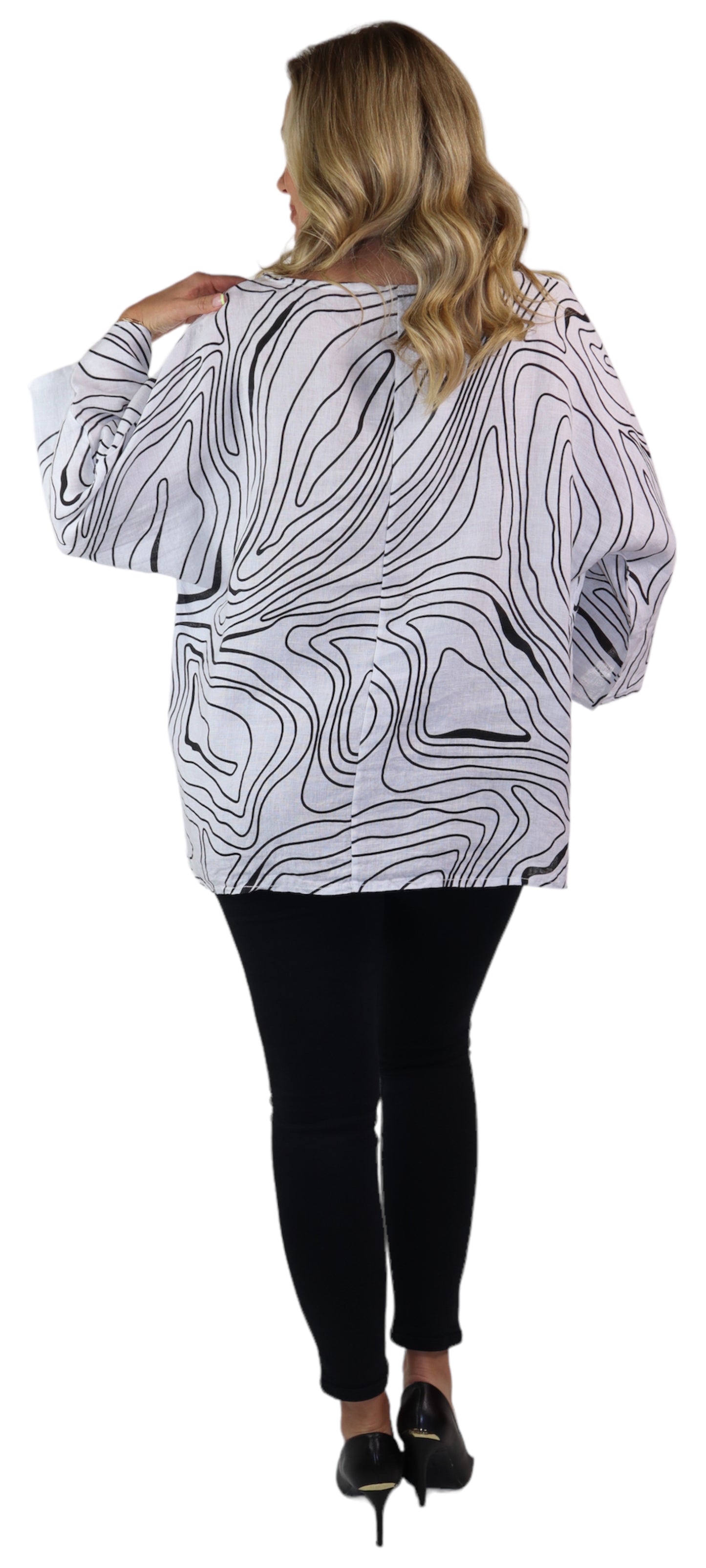 Womens Plus Size Oversized Baggy Swirl Print Artsy Bohemian 100% Linen Tunic Shirt Top | One Size Fits All