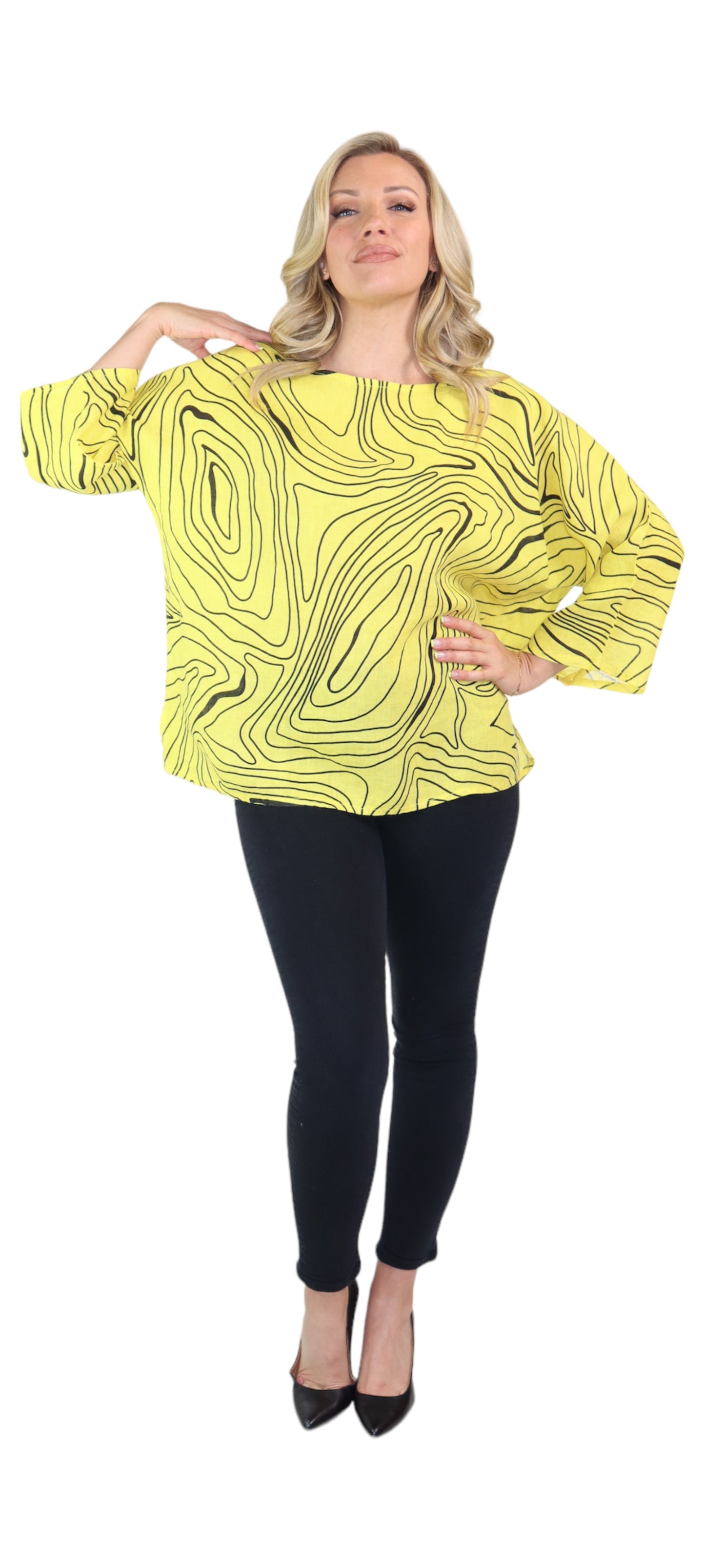 Womens Plus Size Oversized Baggy Swirl Print Artsy Bohemian 100% Linen Tunic Shirt Top | One Size Fits All