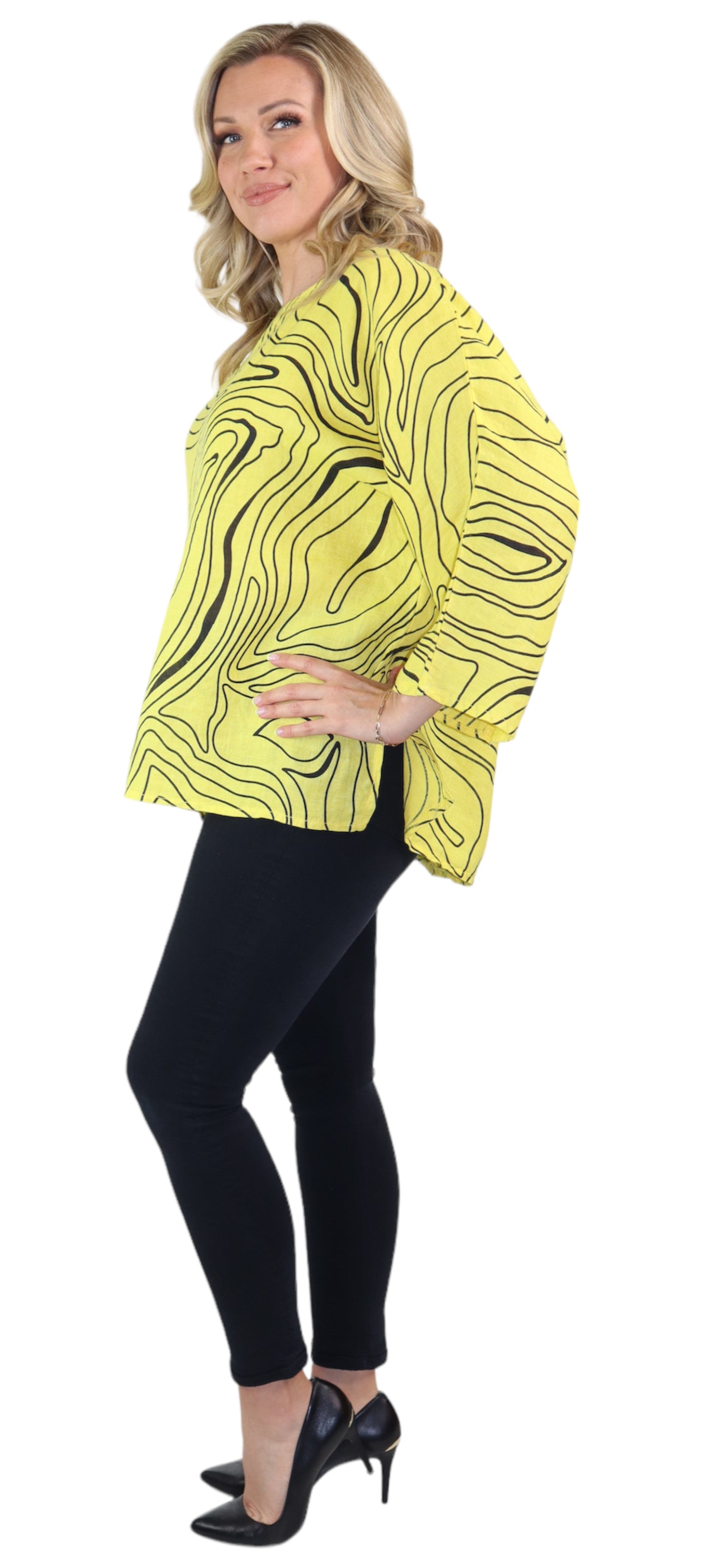 Womens Plus Size Oversized Baggy Swirl Print Artsy Bohemian 100% Linen Tunic Shirt Top | One Size Fits All