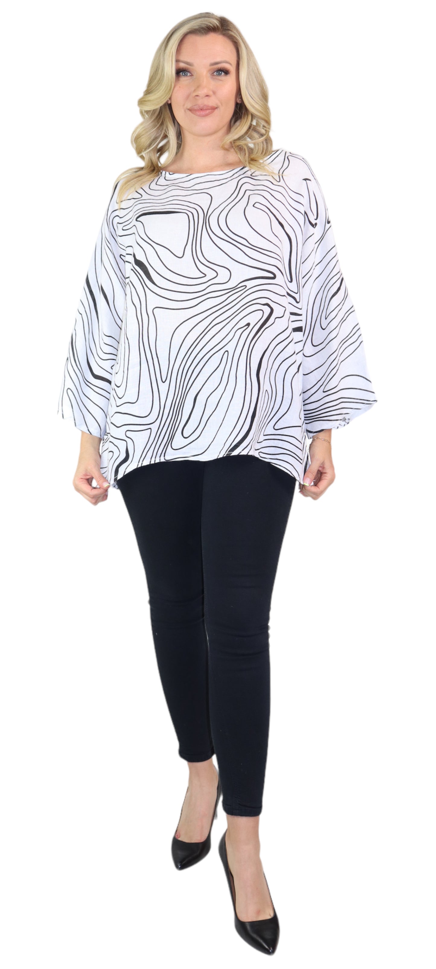 Womens Plus Size Oversized Baggy Swirl Print Artsy Bohemian 100% Linen Tunic Shirt Top | One Size Fits All
