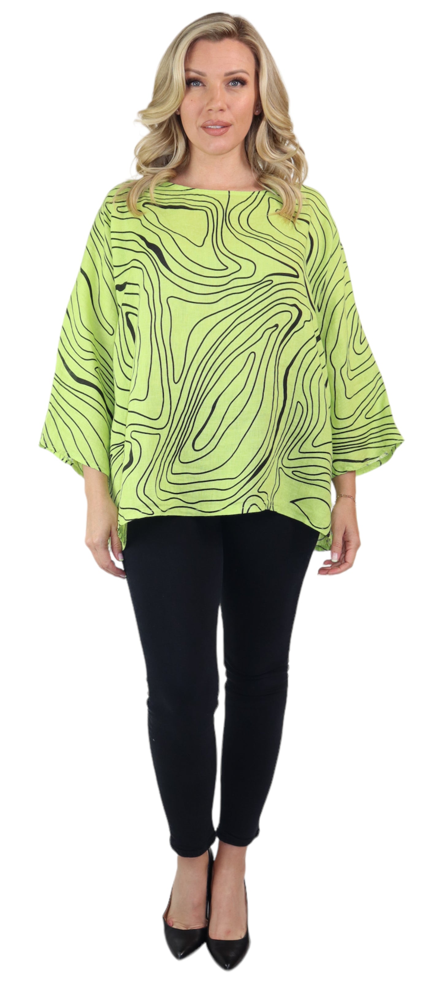 Womens Plus Size Oversized Baggy Swirl Print Artsy Bohemian 100% Linen Tunic Shirt Top | One Size Fits All