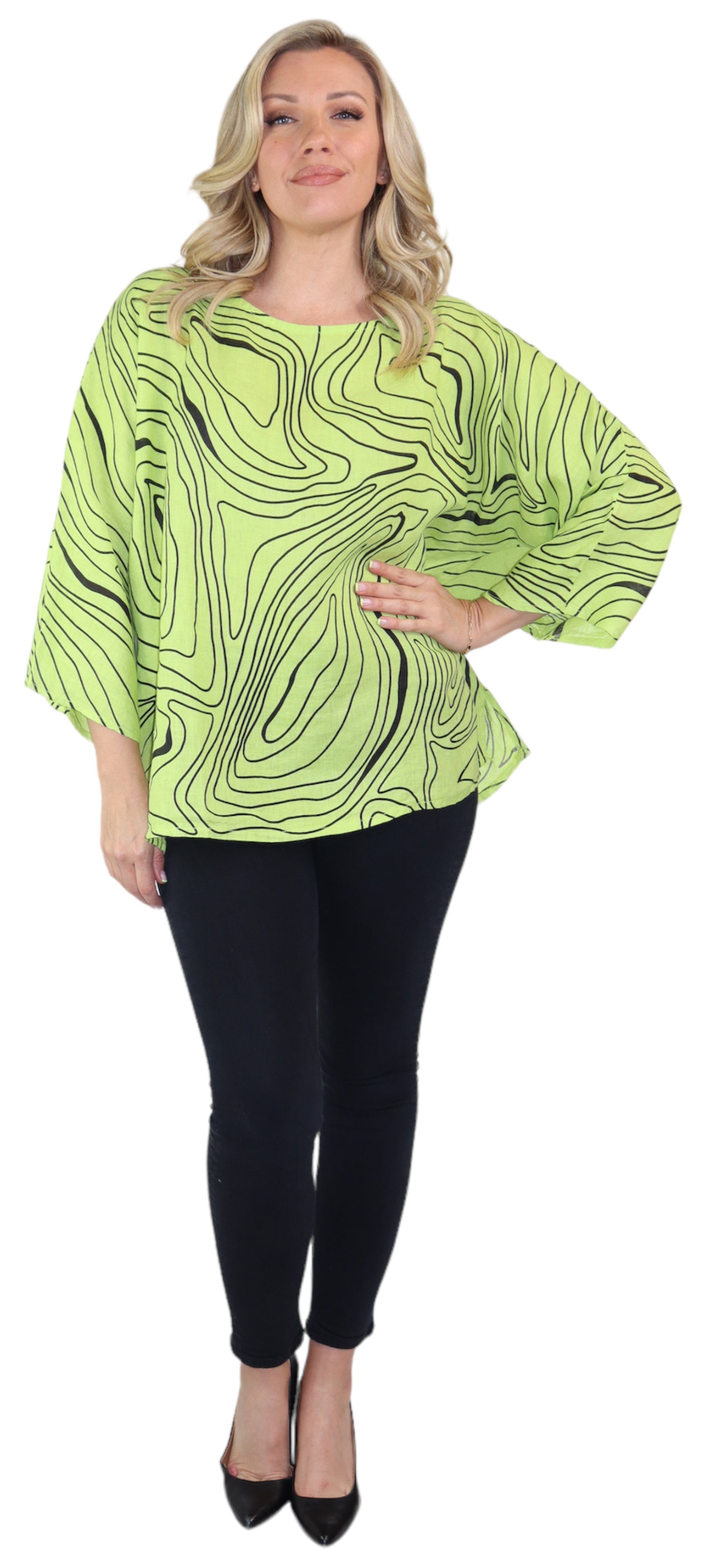 Womens Plus Size Oversized Baggy Swirl Print Artsy Bohemian 100% Linen Tunic Shirt Top | One Size Fits All