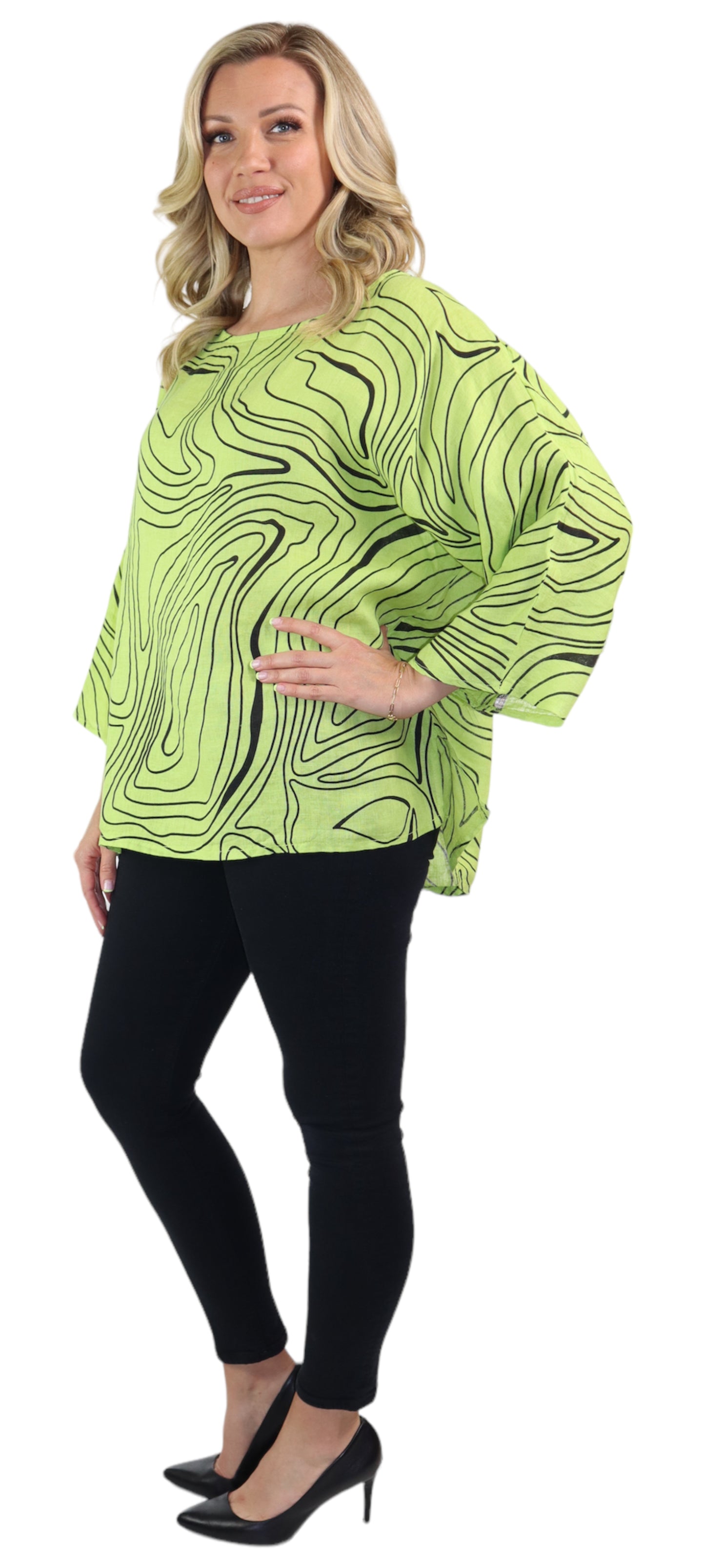 Womens Plus Size Oversized Baggy Swirl Print Artsy Bohemian 100% Linen Tunic Shirt Top | One Size Fits All
