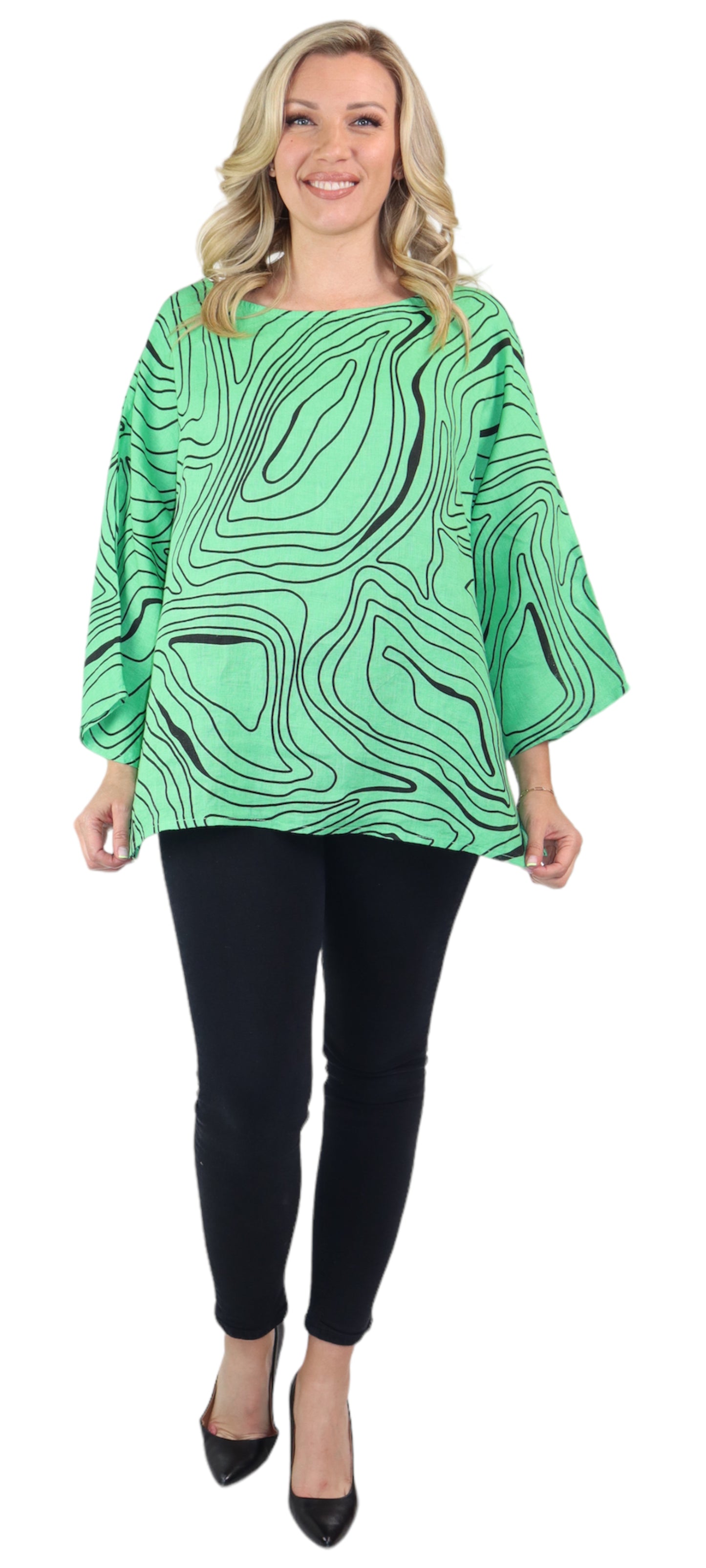 Womens Plus Size Oversized Baggy Swirl Print Artsy Bohemian 100% Linen Tunic Shirt Top | One Size Fits All