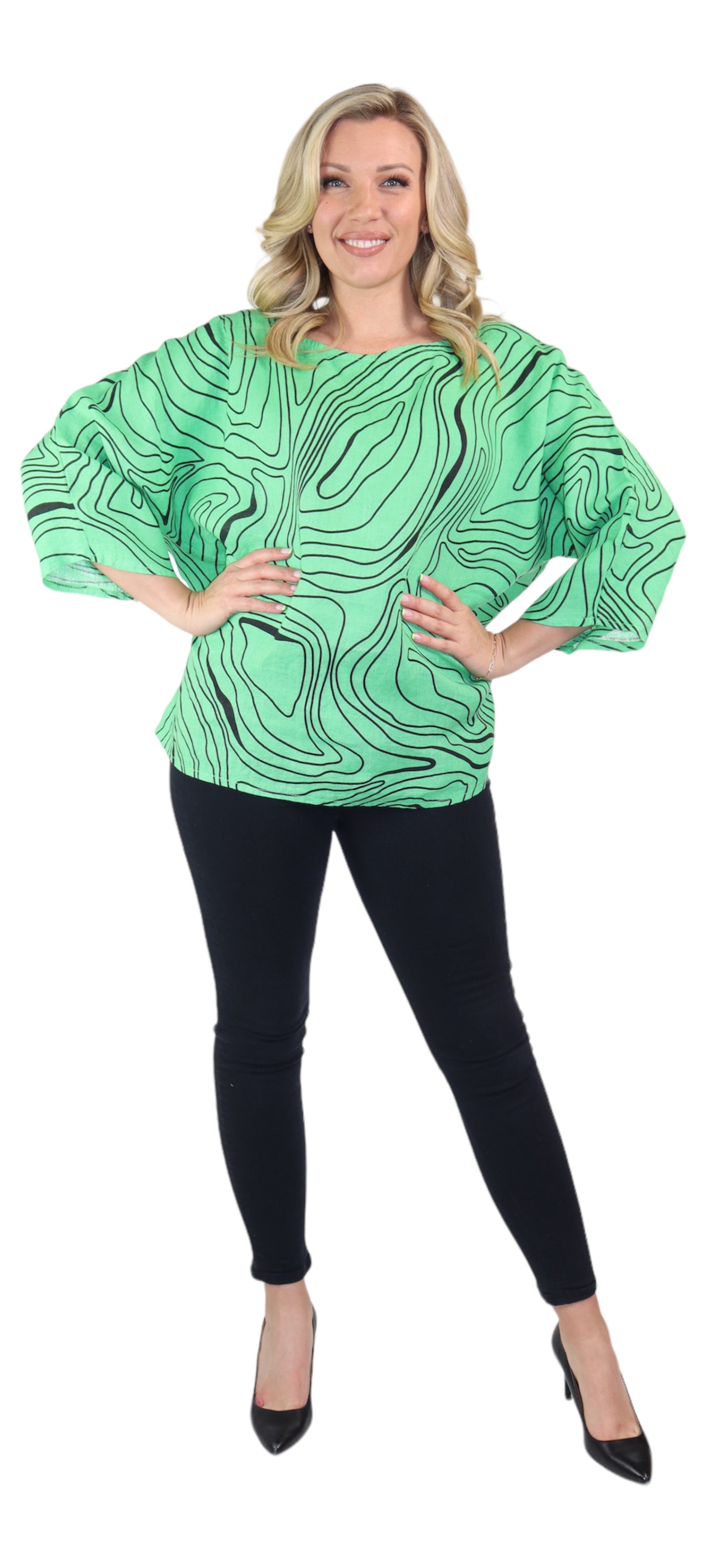 Womens Plus Size Oversized Baggy Swirl Print Artsy Bohemian 100% Linen Tunic Shirt Top | One Size Fits All