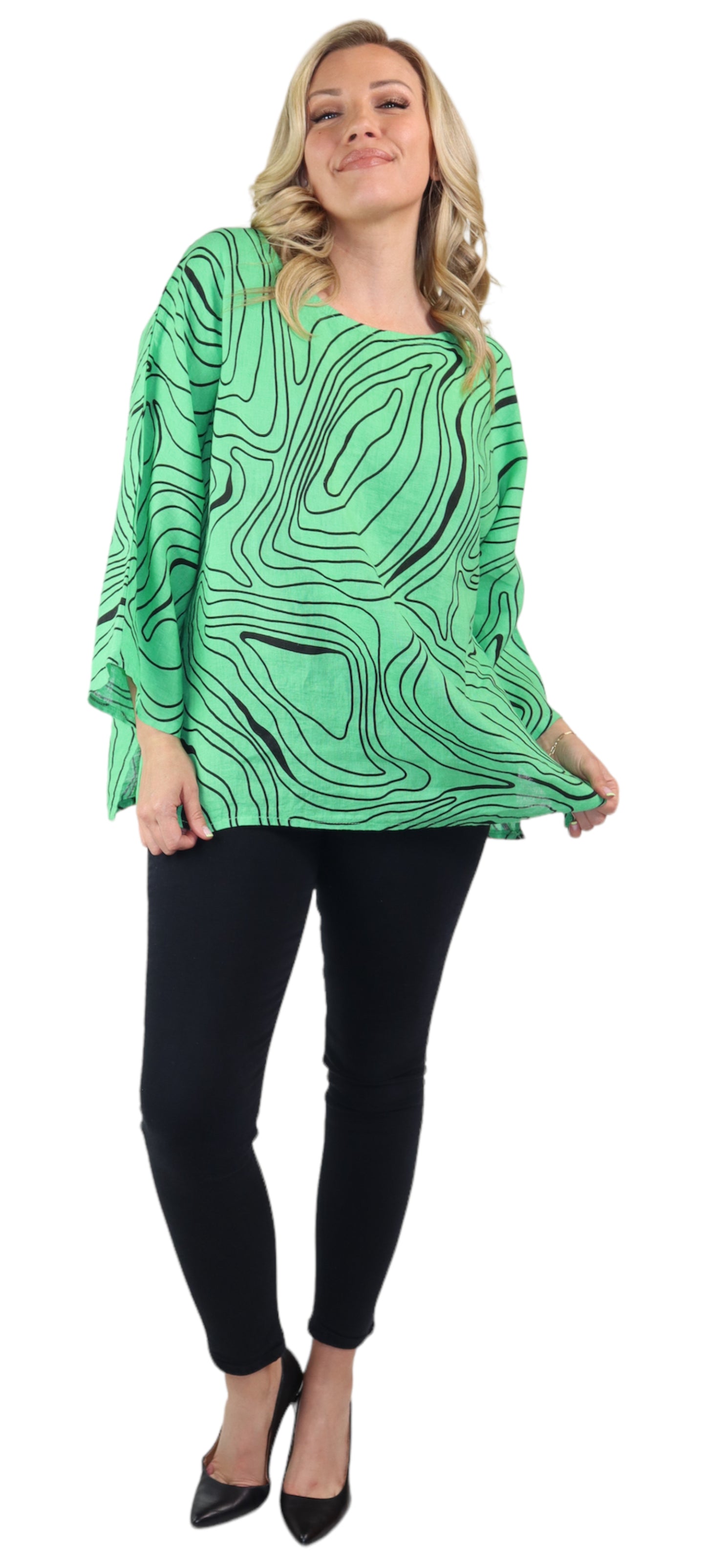 Womens Plus Size Oversized Baggy Swirl Print Artsy Bohemian 100% Linen Tunic Shirt Top | One Size Fits All