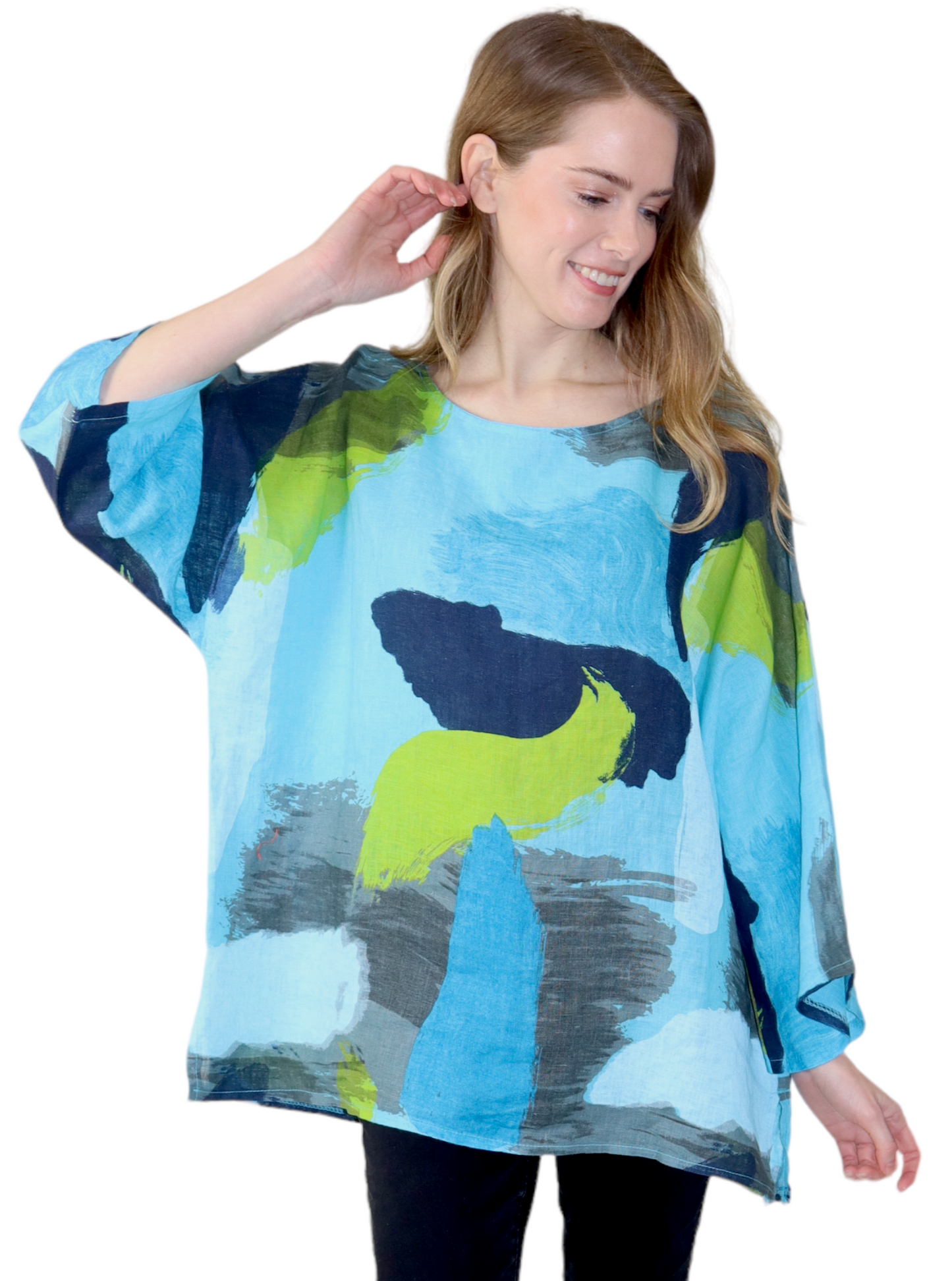 Womens Plus Size Oversized Baggy Swirl Print Artsy Bohemian 100% Linen Tunic Shirt Top | One Size Fits All (Copy)