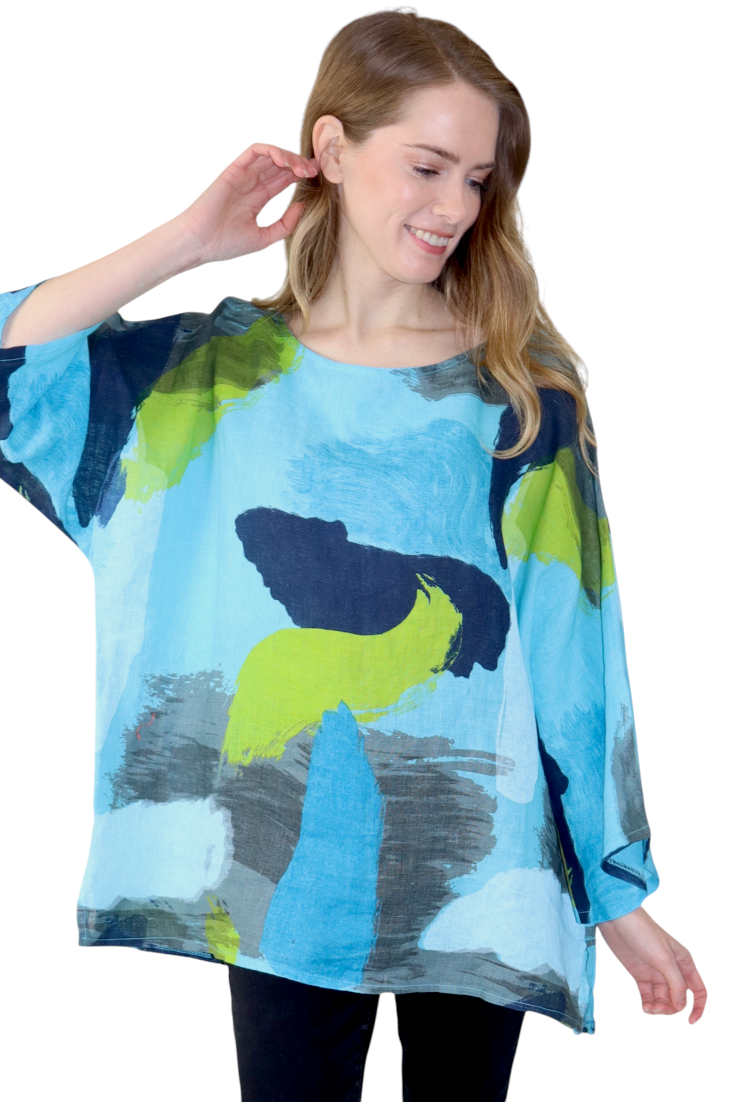 Womens Plus Size Oversized Baggy Swirl Print Artsy Bohemian 100% Linen Tunic Shirt Top | One Size Fits All (Copy)