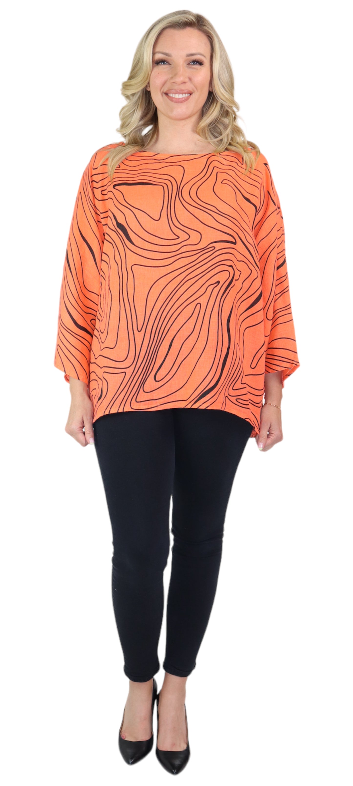 Womens Plus Size Oversized Baggy Swirl Print Artsy Bohemian 100% Linen Tunic Shirt Top | One Size Fits All